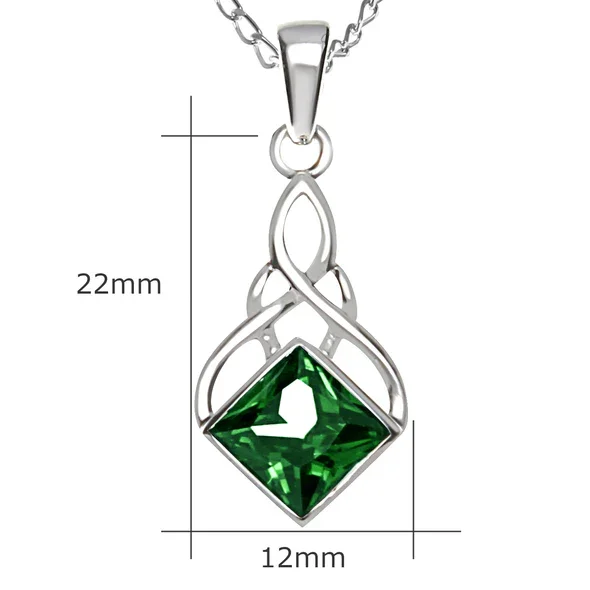Sterling Silver Celtic Knotwork Pendant, square-cut green CZ stone, bezel set, product dimensions shown, height 22mm by width 12mm