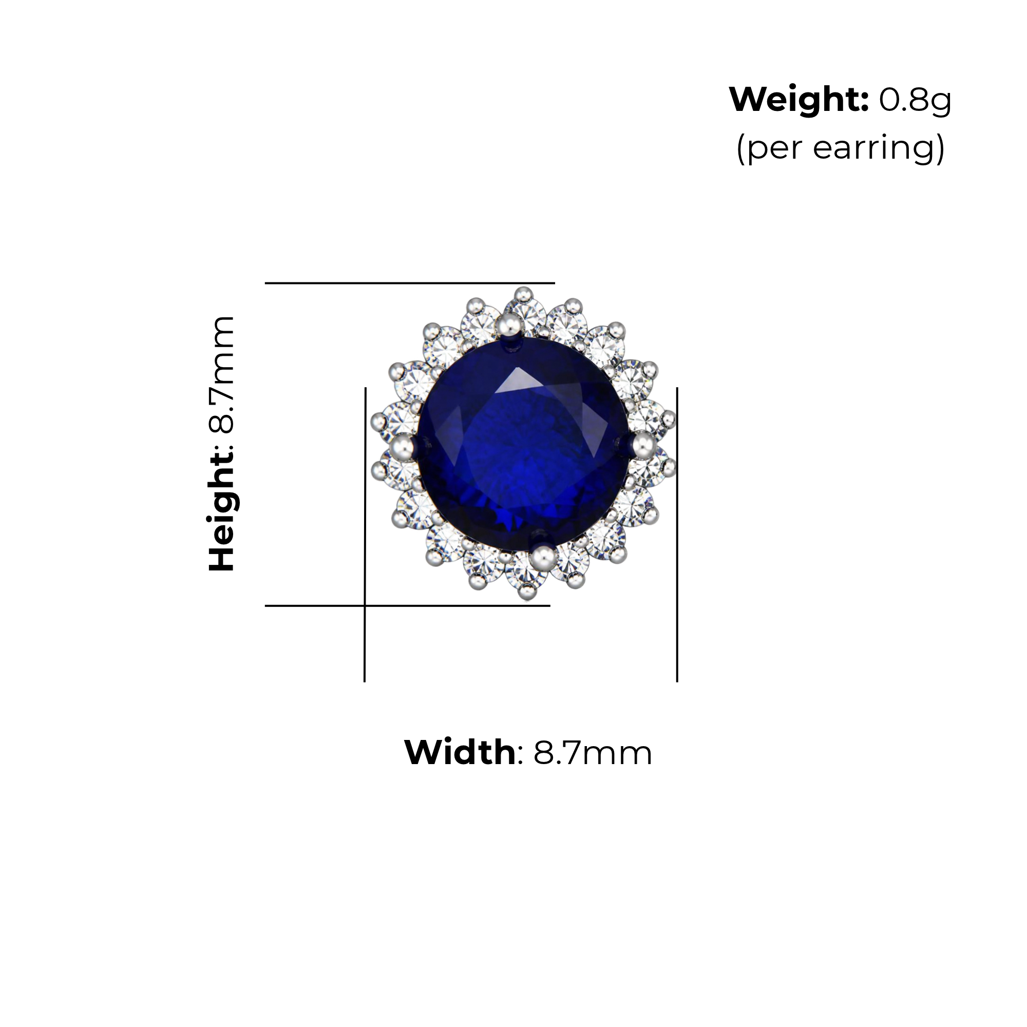 Sterling Silver Halo Stud Earrings, Blue CZ Centre Stone, product dimensions shown, width 8.7mm, height 8.7mm, weight 0.8g per earring.
