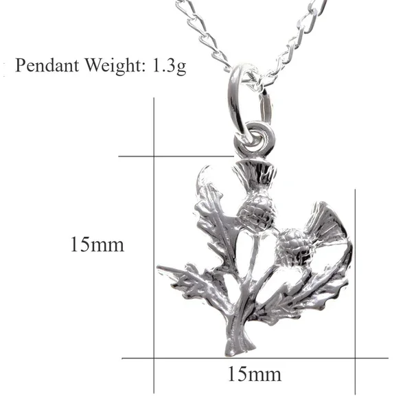 Sterling Silver Scottish Thistle Pendant, twin-head botanical form, feathered crowns, crosshatched globes, product dimensions shown, width 15mm by height 15mm, weight 1.3g