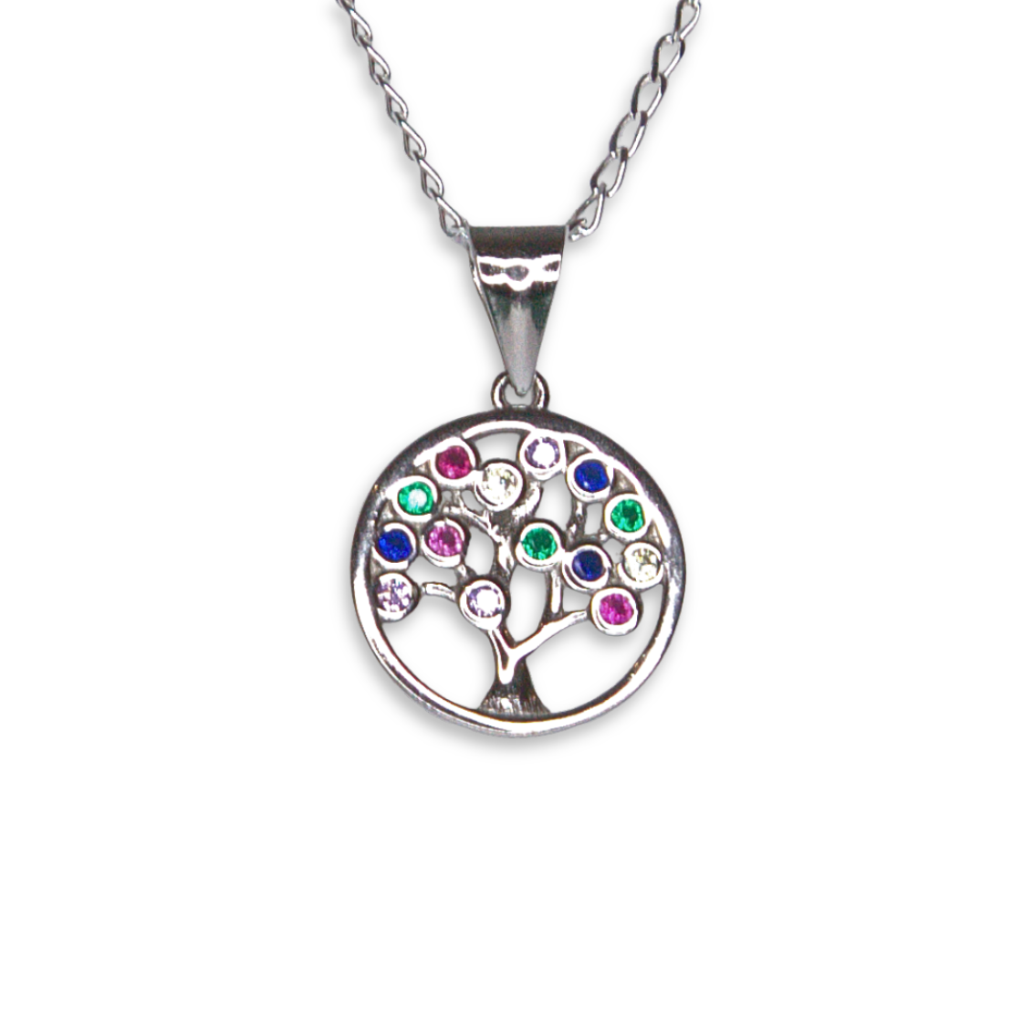 Sterling Silver Tree of Life Pendant, Multi-Colour CZ Detail