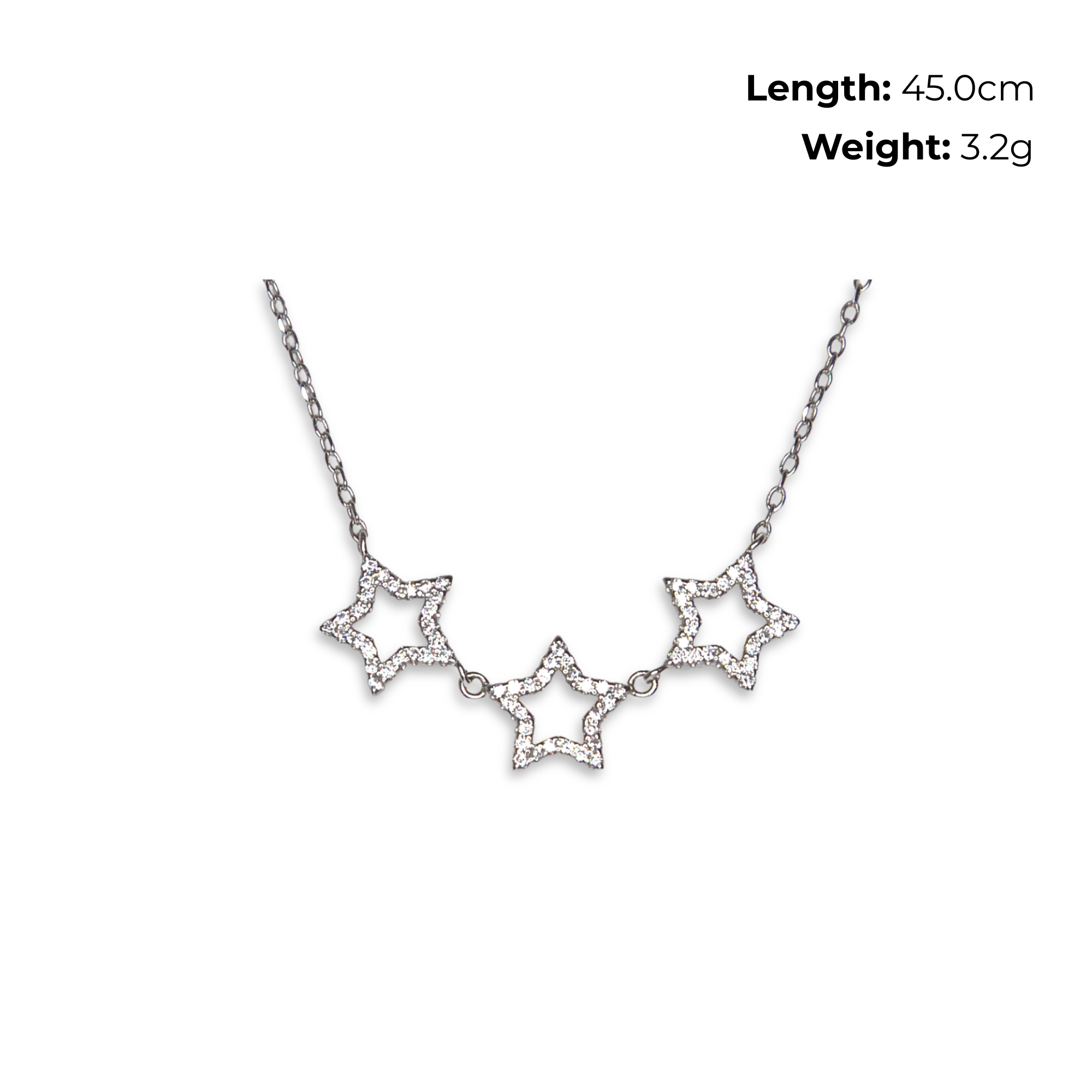Sterling Silver Triple Star Necklet with CZ, product dimensions shown, length 45cm, weight 3.2g