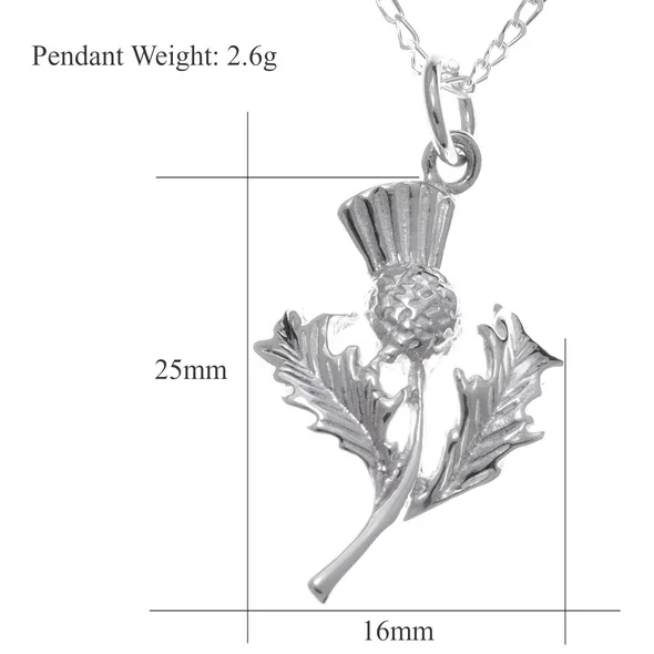Sterling Silver Scottish Thistle Pendant, feathered head, crosshatched globe, naturalistic leaf detail, product dimensions shown, width 16mm by height 25mm, weight 2.6g
