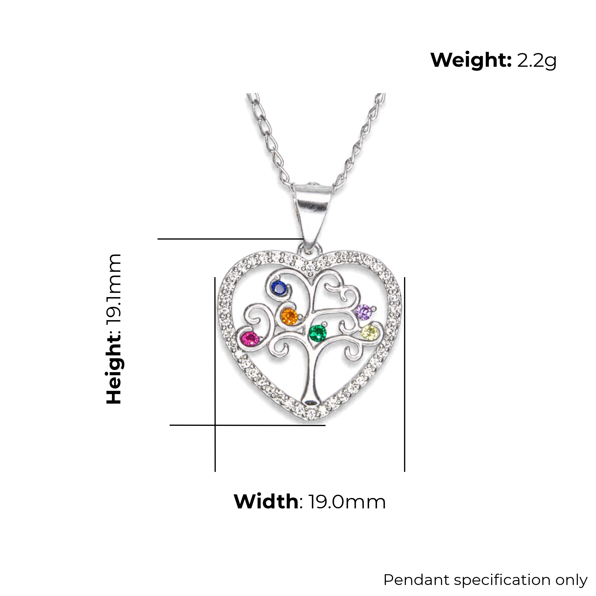 Sterling Silver Tree of Life Heart Pendant, Multi-Colour CZ Detail, product dimensions shown, width 19.0mm, height 19.1mm, weight 2.2g, pendant specification only.