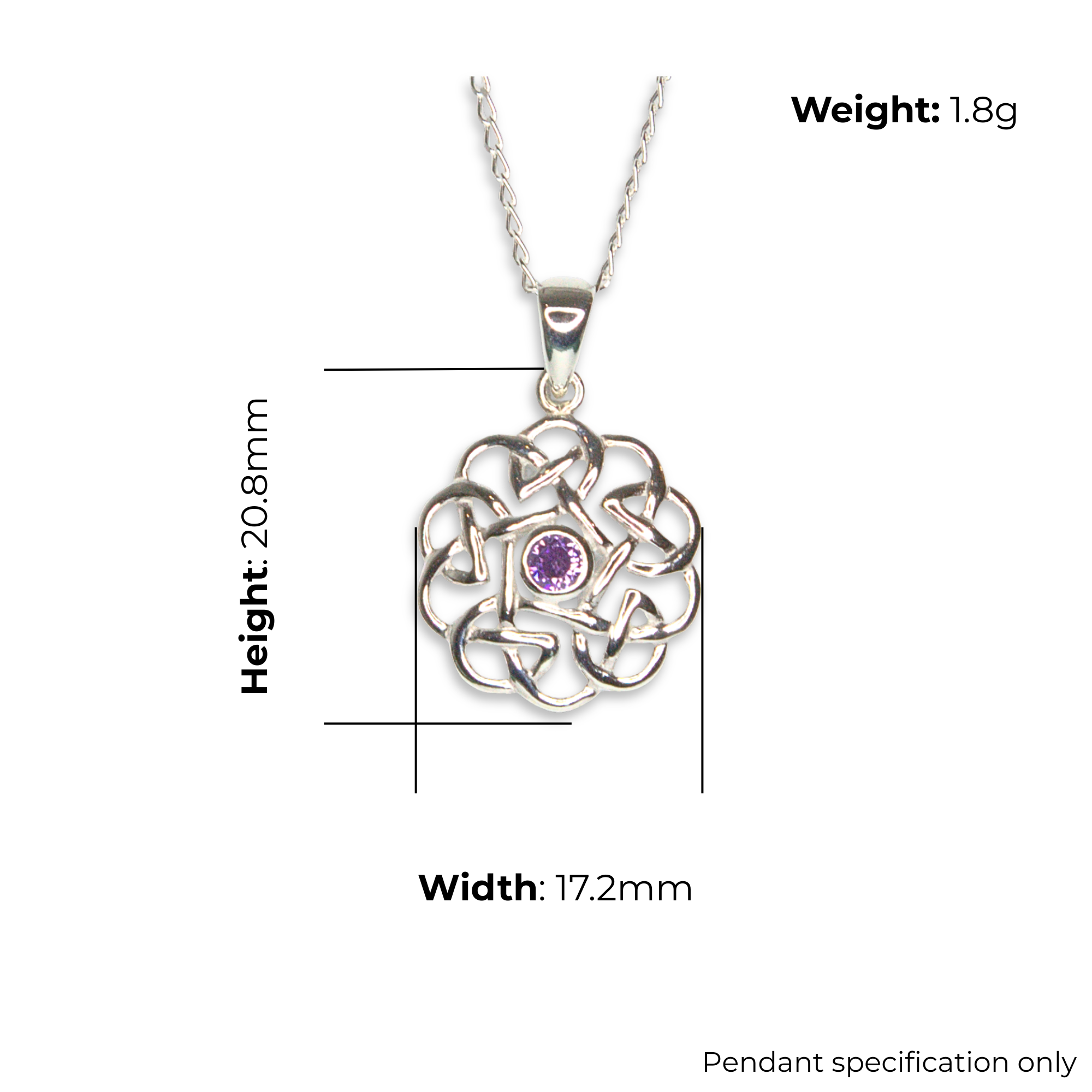 Silver Celtic Knotwork Round Pendant, five-point radial interlace, round purple stone bezel set, product dimensions shown, width 17.2mm, height 20.8mm, weight 1.8g, pendant specification only