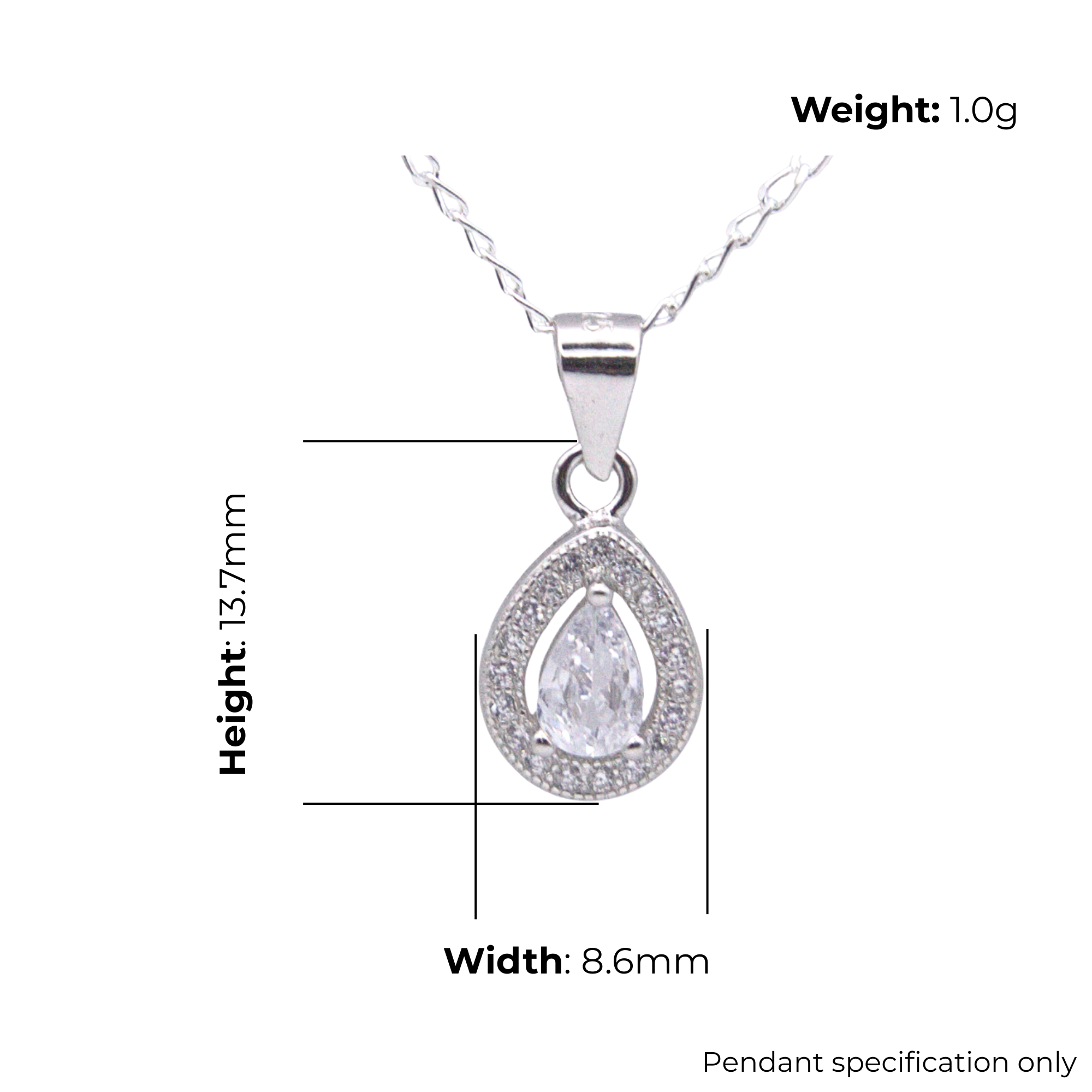 Sterling Silver Pear-Cut CZ Halo Pendant, product dimensions shown, width 8.6mm, height 13.7mm, weight 1g, pendant specification only