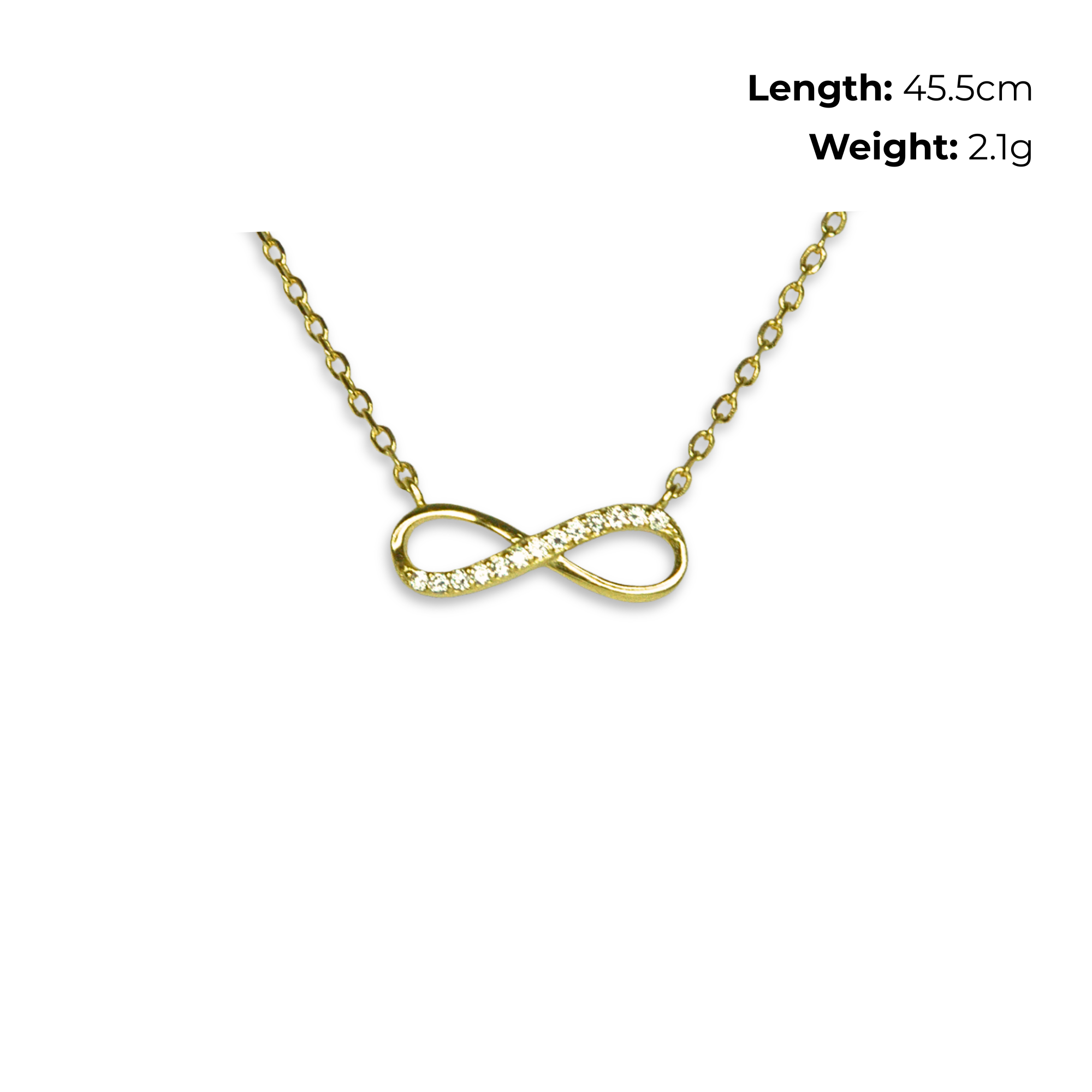 Sterling Silver Infinity Necklet, Gold Plated, CZ Detail, product dimensions shown, length 45.5cm, weight 2.1g.