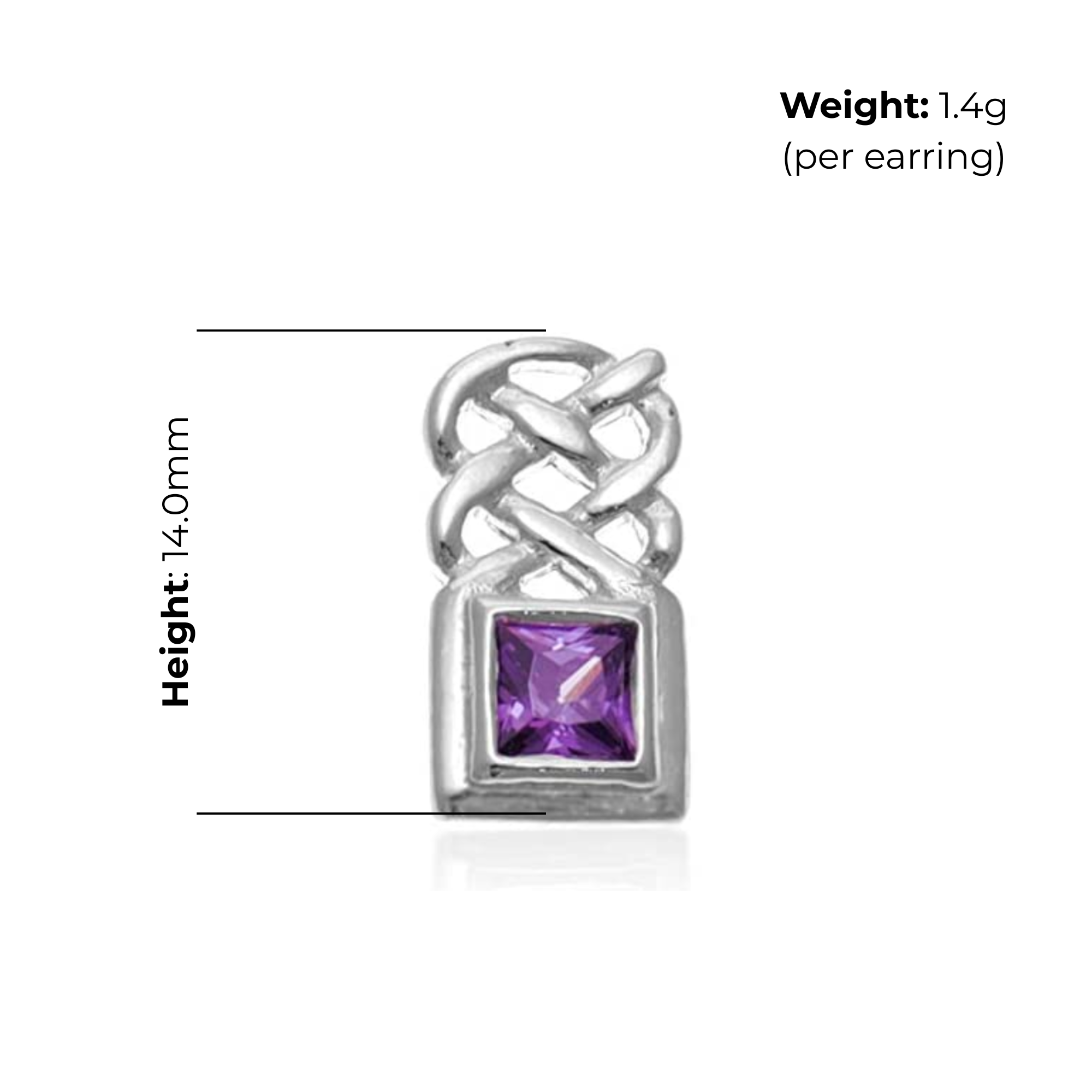 Sterling Silver Celtic Knotwork Stud Earrings, square-cut amethyst bezel set, plaitwork panel, push back fitting, product dimensions shown, height 14mm, weight 1.4g per earring