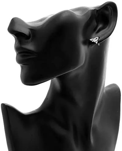 Sterling Silver Celtic Trinity Knot Stud Earrings, open triquetra design, high mirror polish, push back fitting, shown on modelling bust at ear.
