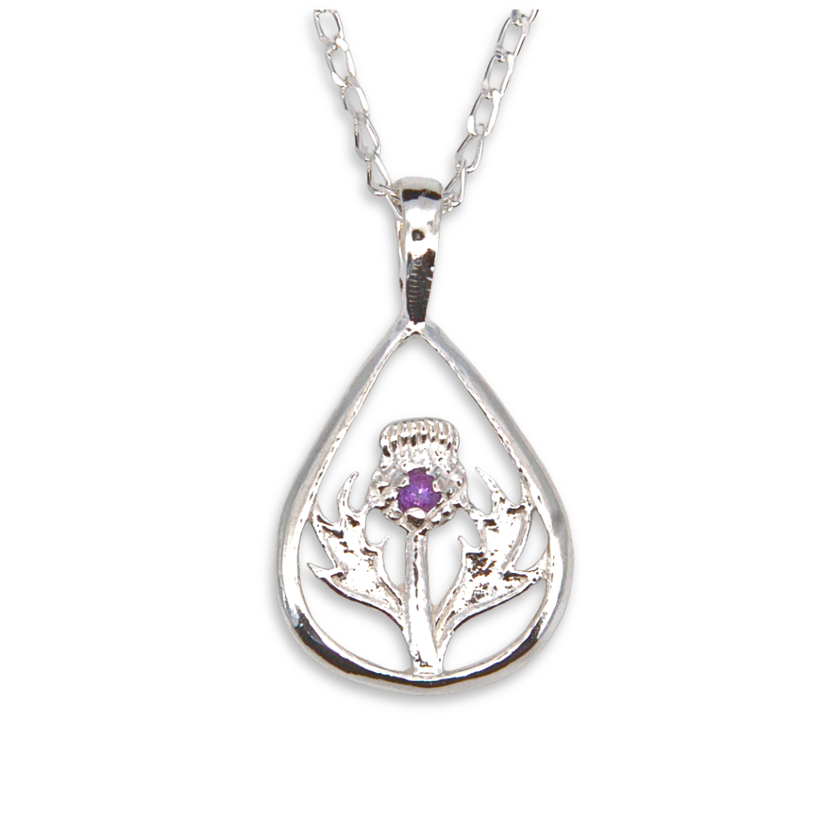 Sterling Silver Scottish Thistle Pendant, purple stone, teardrop frame
