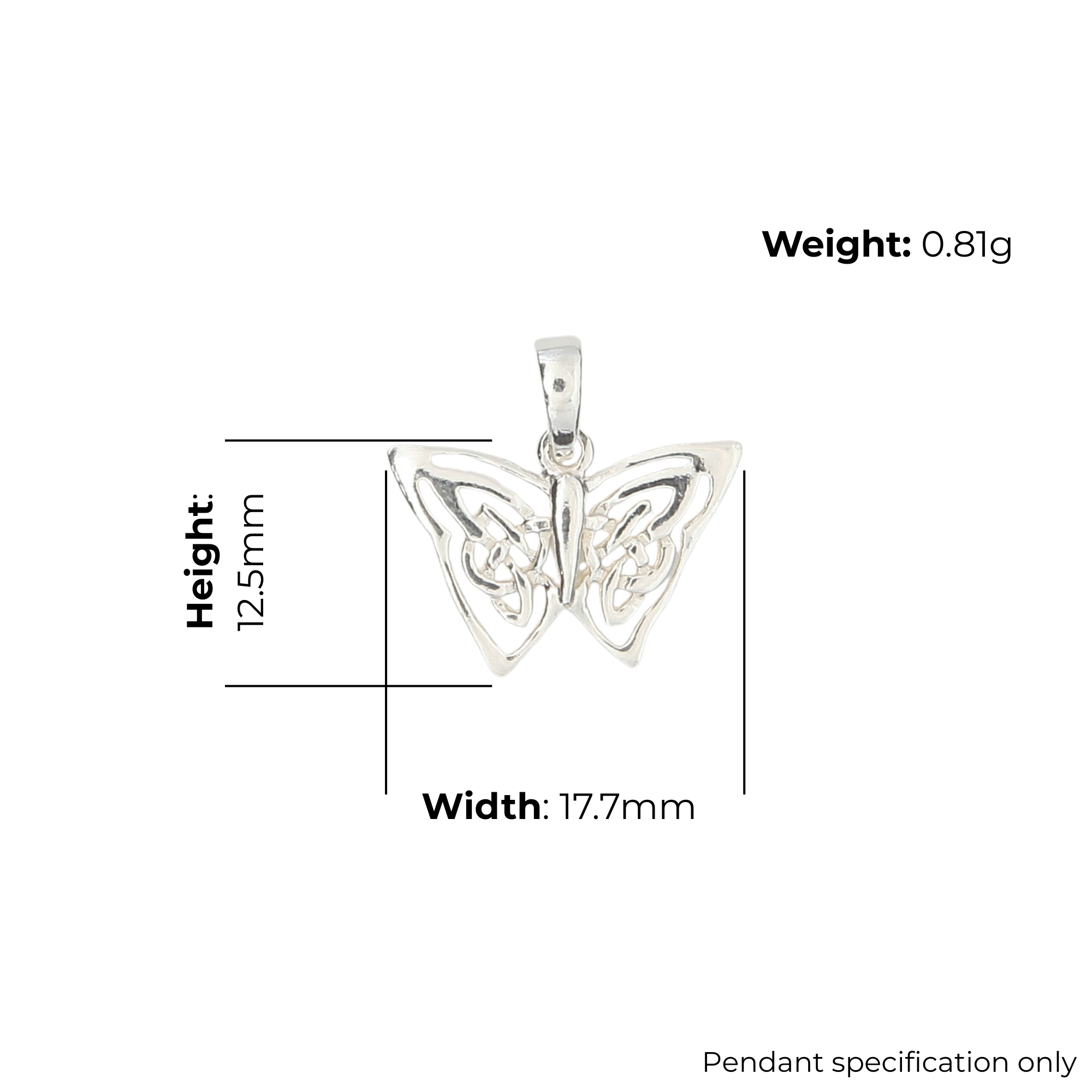 Sterling Silver Celtic Knotwork Butterfly Pendant, open interlaced wing detail, high mirror polish, product dimensions shown, width 17.7mm by height 12.5mm, weight 0.81g, pendant specification only.