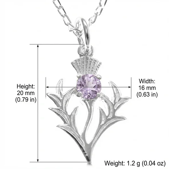 Sterling Silver Scottish Thistle Pendant, round amethyst claw set, feathered head, product dimensions shown, width 16mm by height 20mm, weight 1.2g