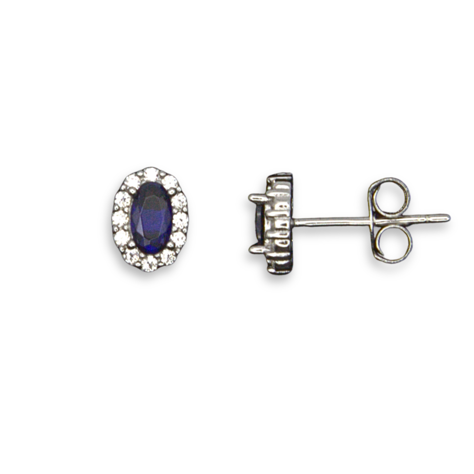 Sterling Silver Oval Halo Stud Earrings, Blue Stone