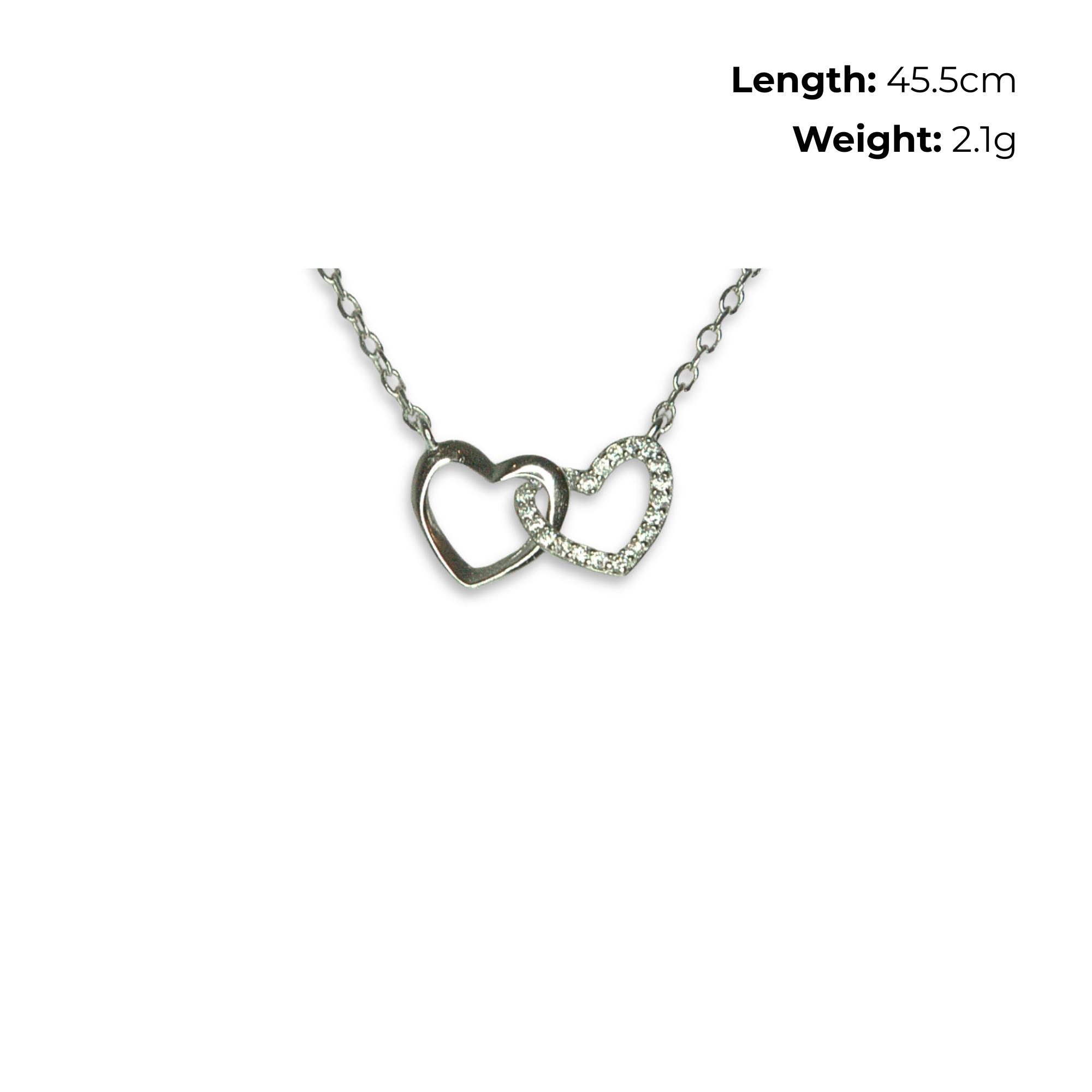 Sterling Silver Interlocking Hearts Necklet, CZ Detail, Free-Moving Design, product dimensions shown, length 45.5cm, weight 2.1g.