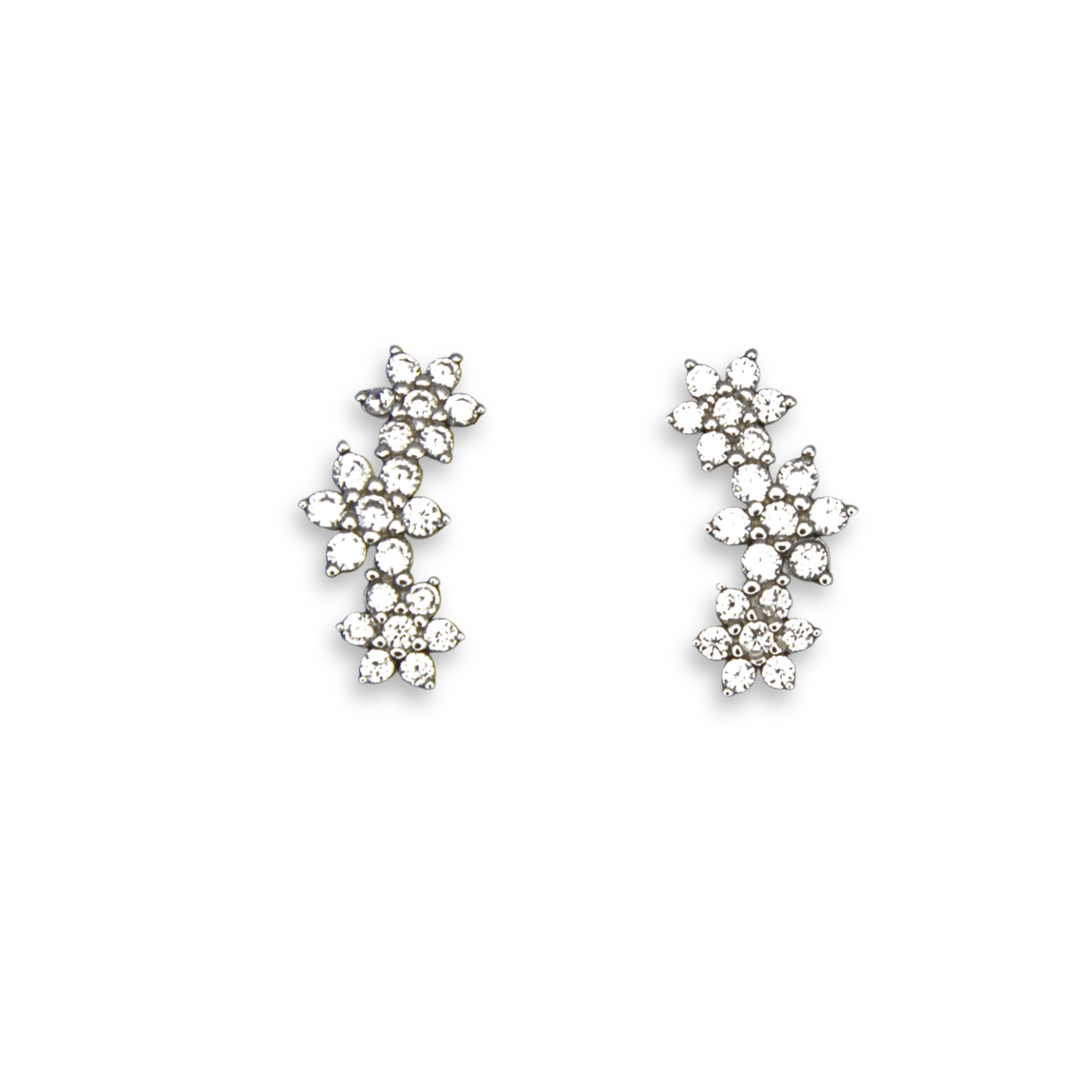 Sterling Silver Triple Flower Climber Stud Earrings, Pave-Set CZ