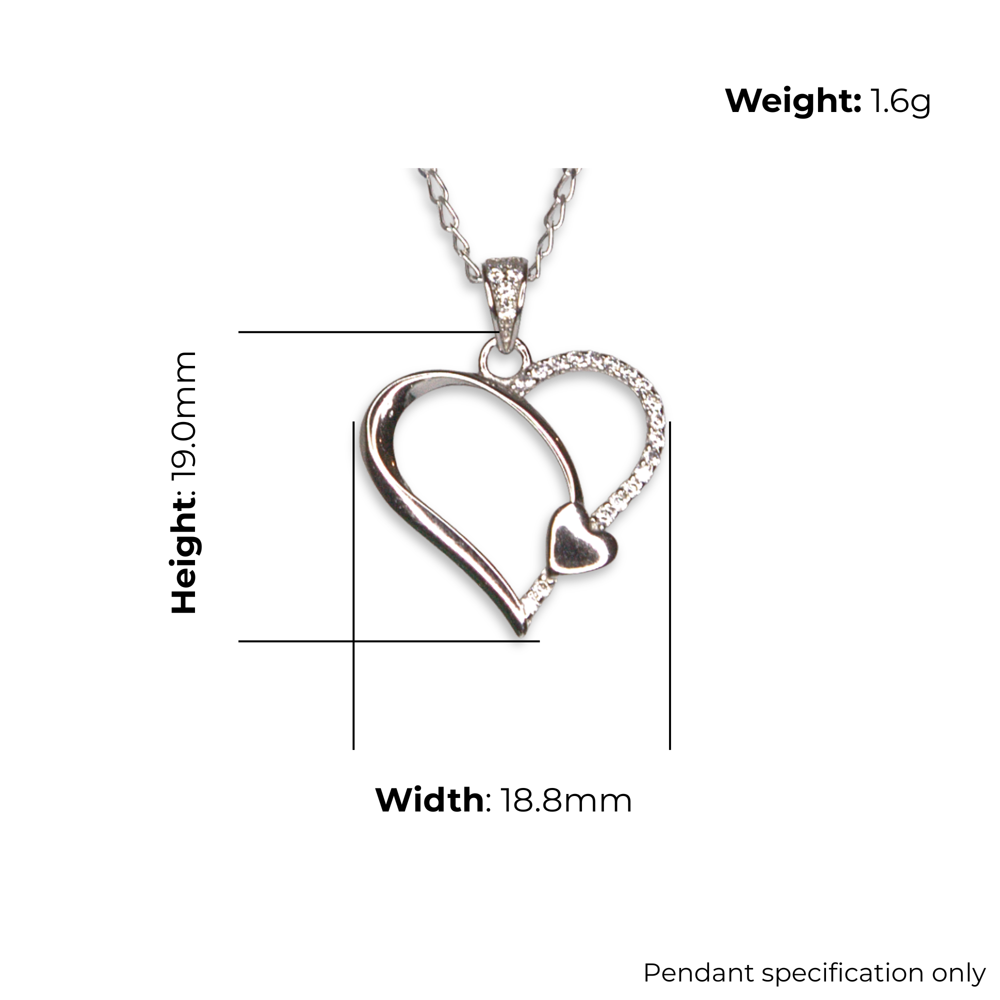 Sterling Silver Asymmetric Heart Pendant with CZ, product dimensions shown, width 18.8mm, height 19mm, weight 1.6g, pendant specification only