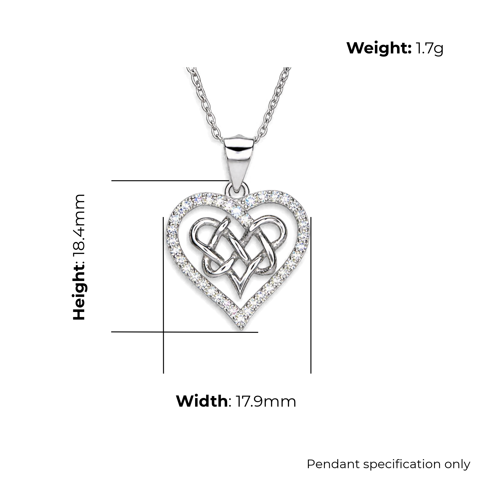 Sterling Silver Celtic Knot Heart Pendant with CZ, product dimensions shown, width 17.9mm, height 18.4mm, weight 1.7g, pendant specification only