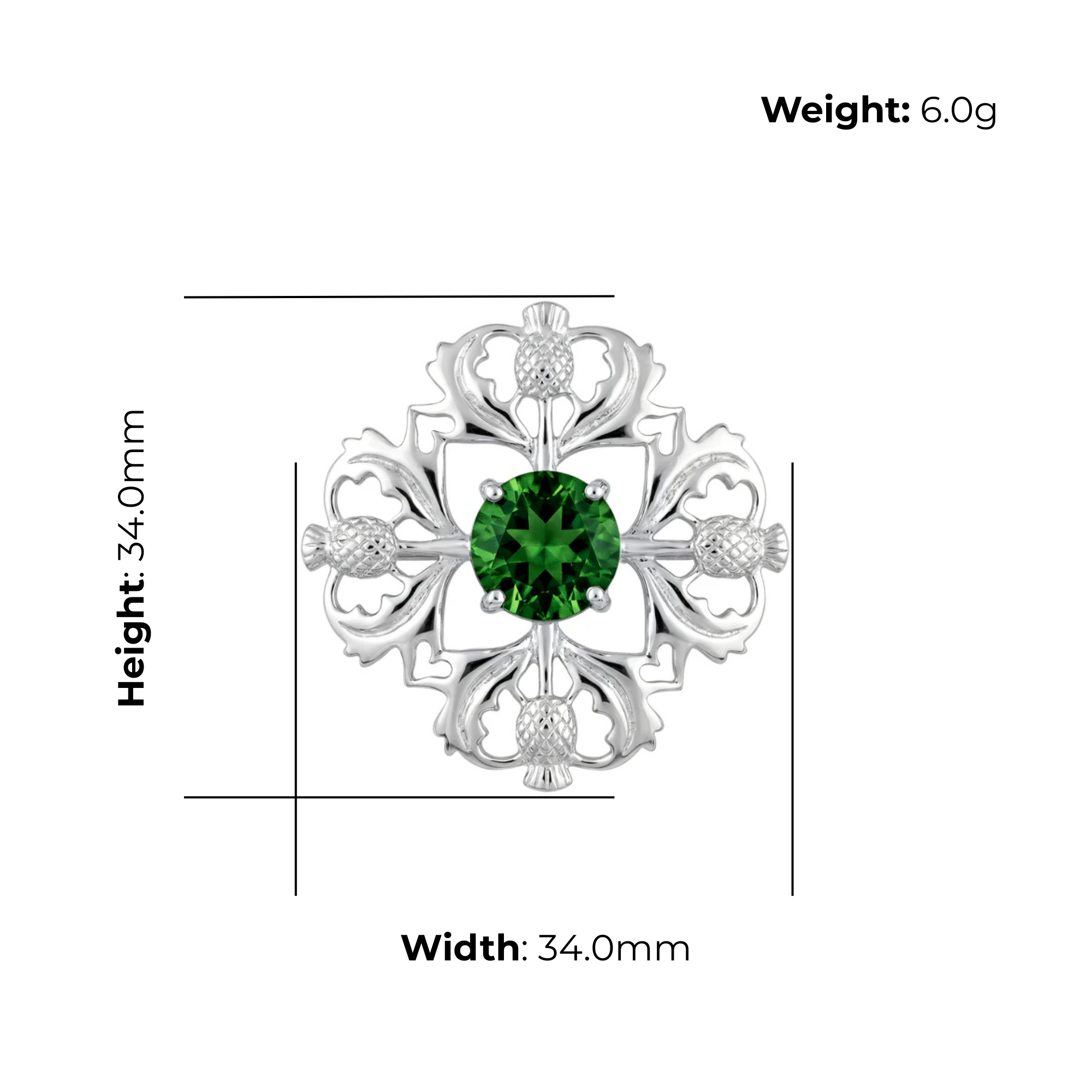 Sterling Silver Thistle Brooch, four-point design with green stone, product dimensions shown, width 34mm, height 34mm, weight 6g