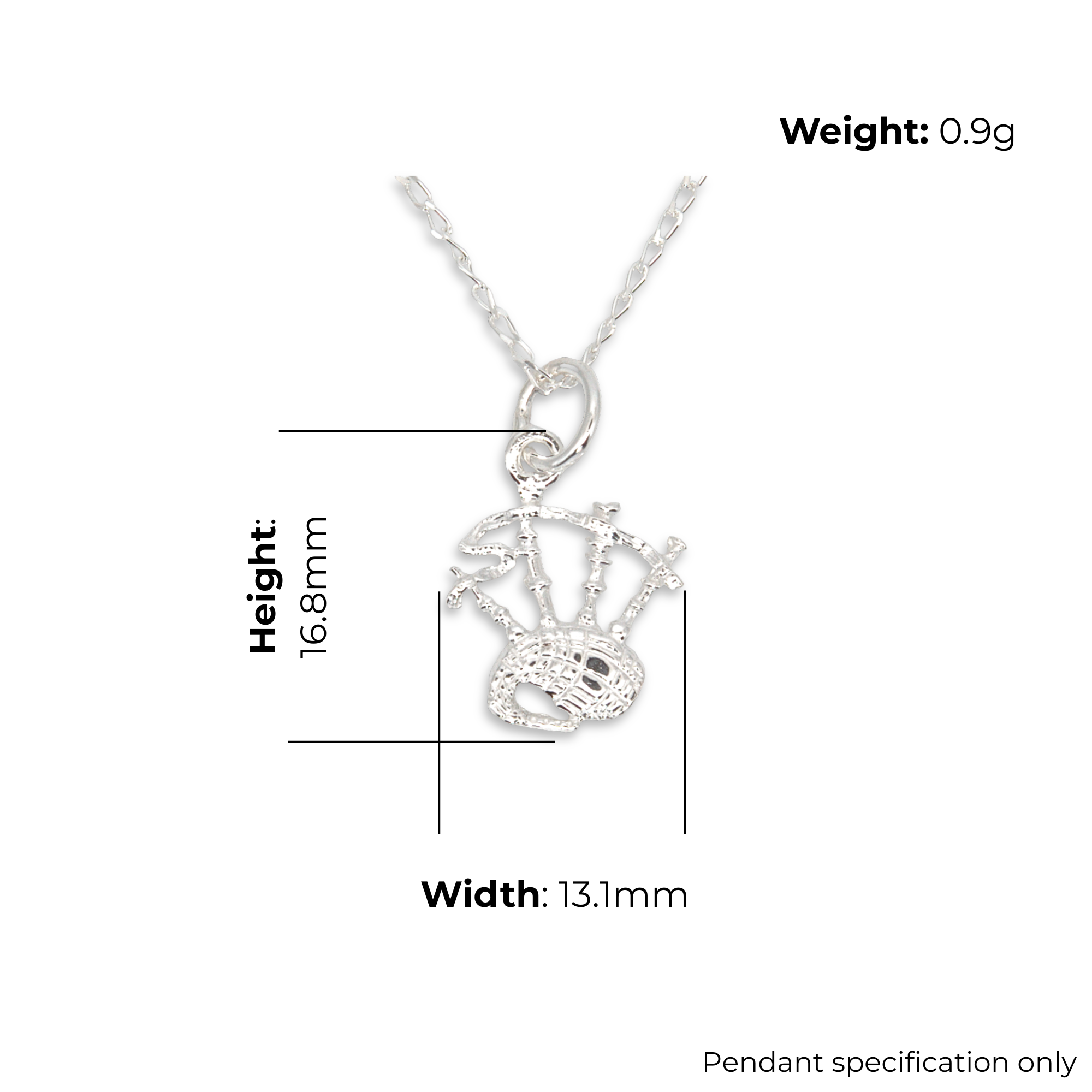 Sterling Silver Scottish Bagpipes Pendant, sculpted form, crosshatched bag detail, product dimensions shown, width 13.1mm, height 16.8mm, weight 0.9g, pendant specification only