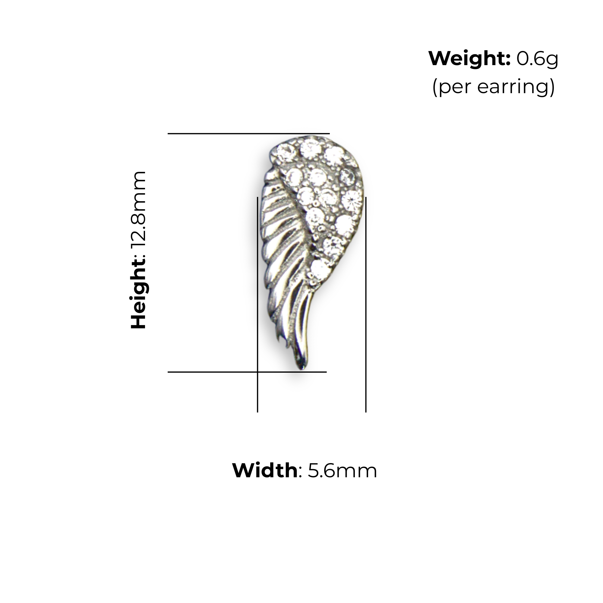Sterling Silver Angel Wing Stud Earrings, Pave-Set CZ Detail, product dimensions shown, width 5.6mm, height 12.8mm, weight 0.6g per earring.