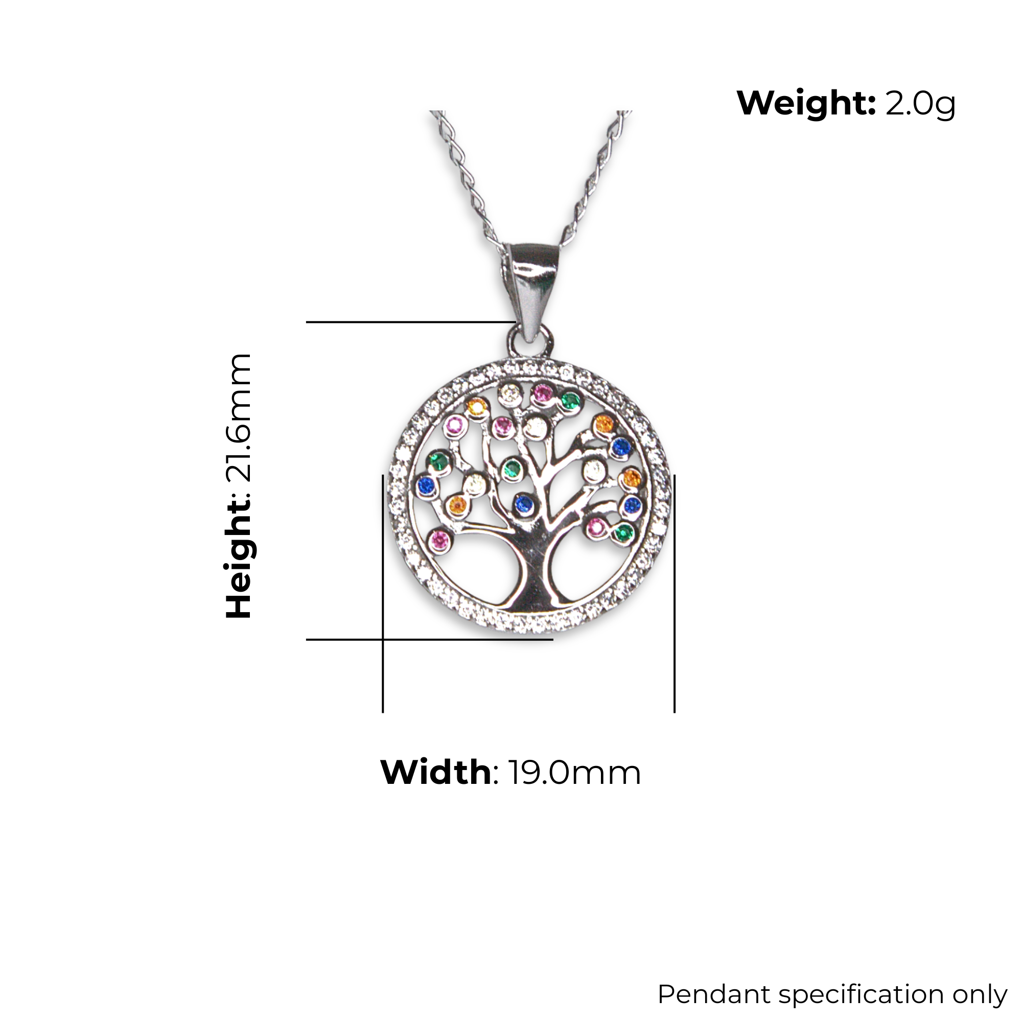 Sterling Silver Tree of Life Pendant, Multi-Colour CZ Detail with Border, product dimensions shown, width 19.0mm, height 21.6mm, weight 2.0g, pendant specification only.