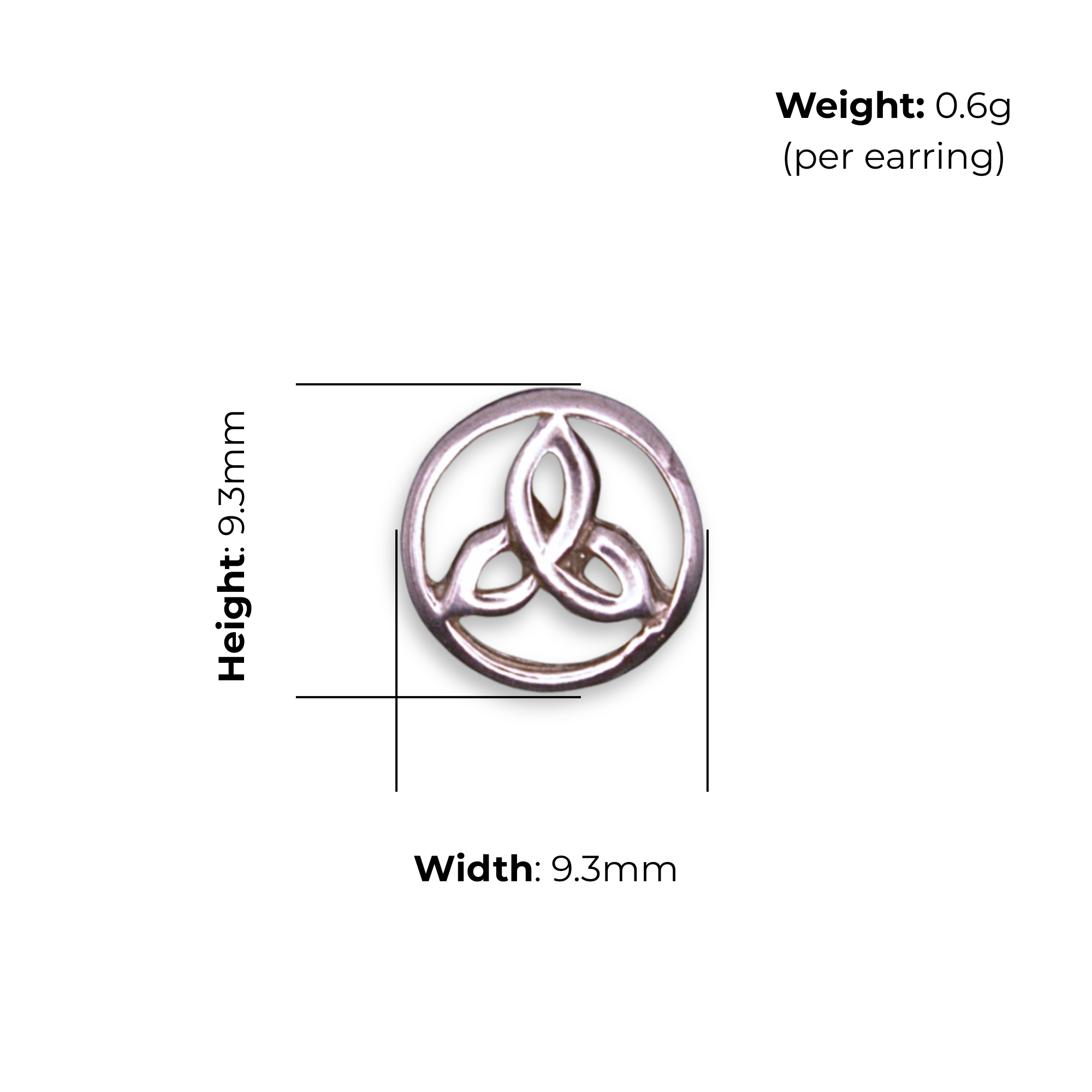 Sterling Silver Celtic Trinity Knot Stud Earrings, triquetra within circular border, high mirror polish, product dimensions shown, with 9.3mm, height 9.3mm, weight 0.6g per earring