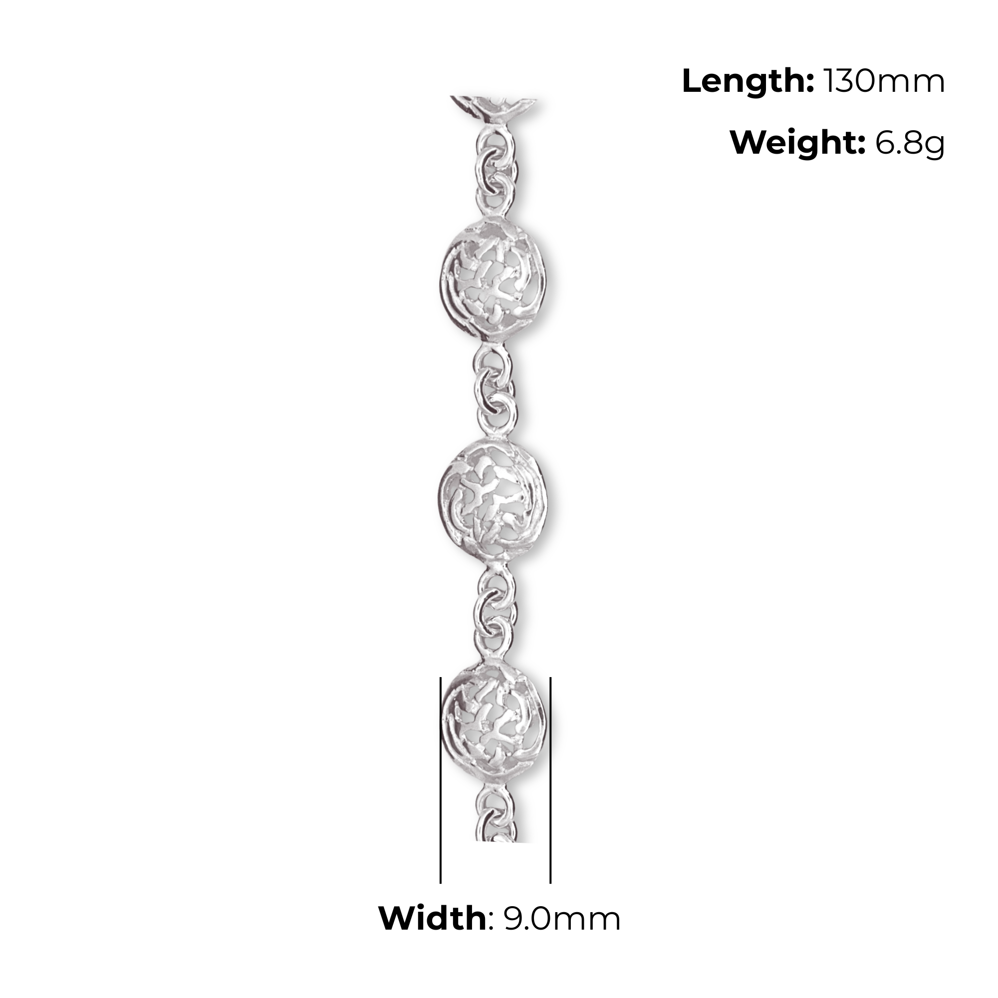 Sterling Silver Celtic Knotwork Bracelet, round interlaced links, product dimensions shown, link width 9.0mm, length 130mm, weight 6.8g