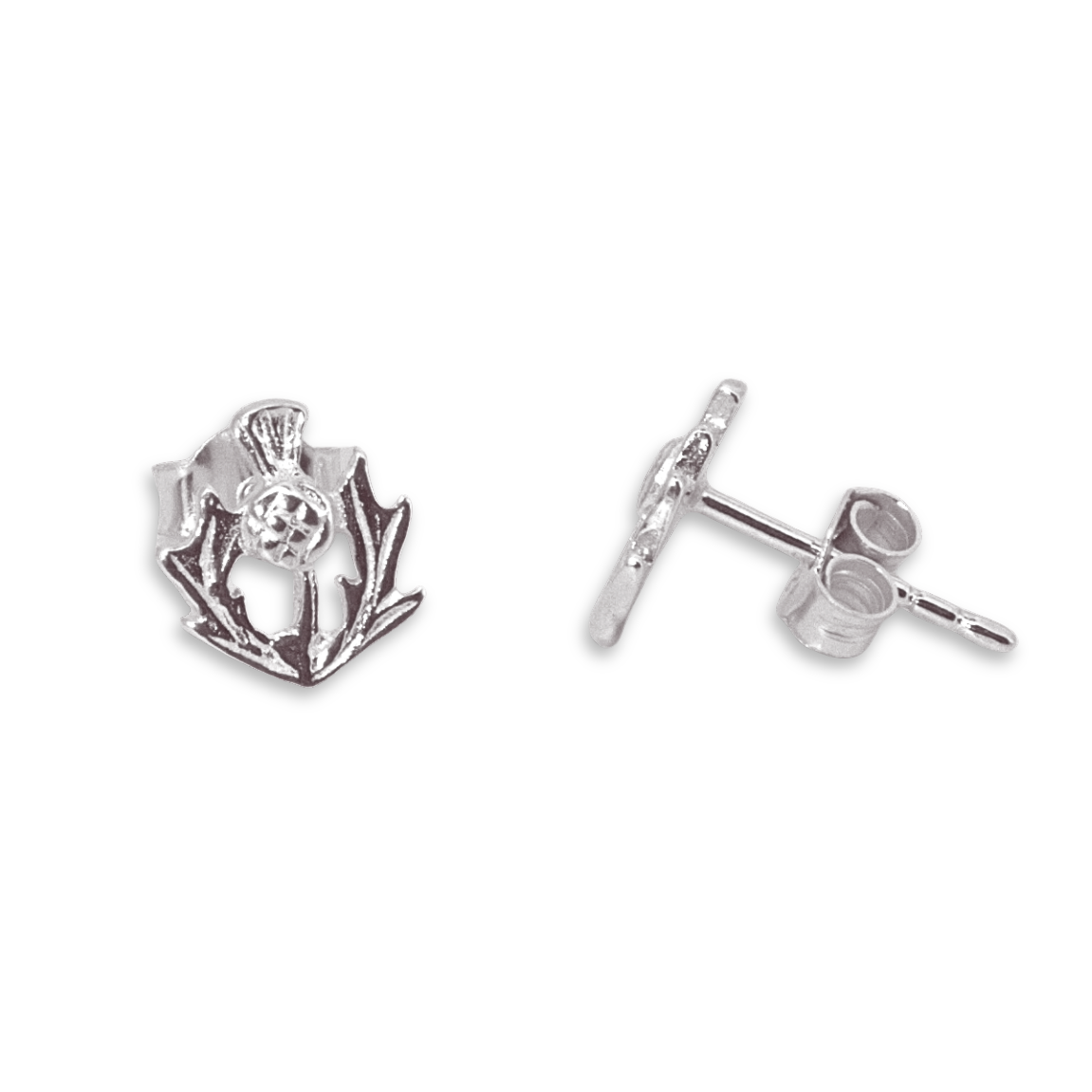 Sterling Silver Scottish Thistle Stud Earrings, high polish finish