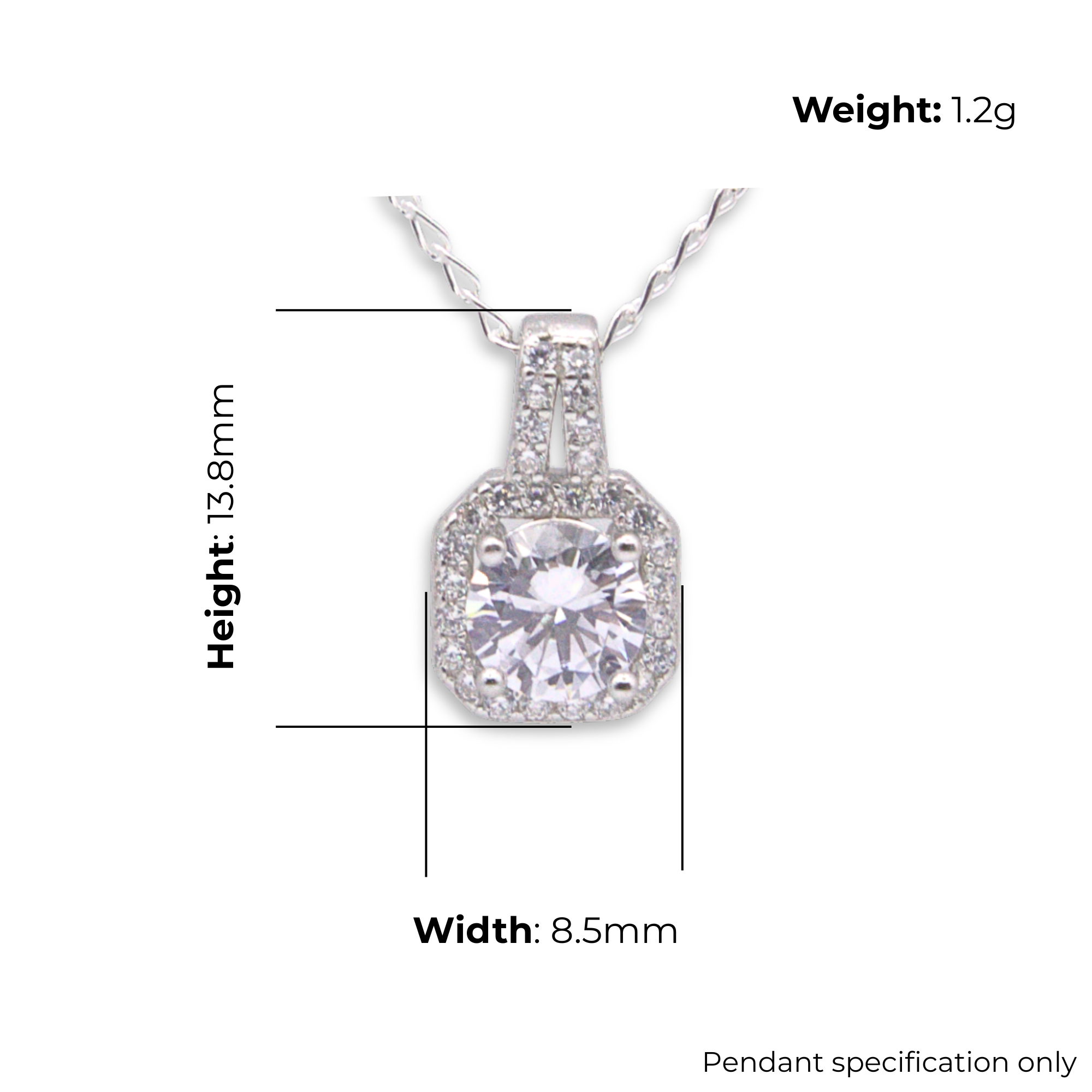 Sterling Silver Round CZ Halo Pendant, product dimensions shown, width 8.5mm, height 13.8mm, weight 1.2g pendant specification only