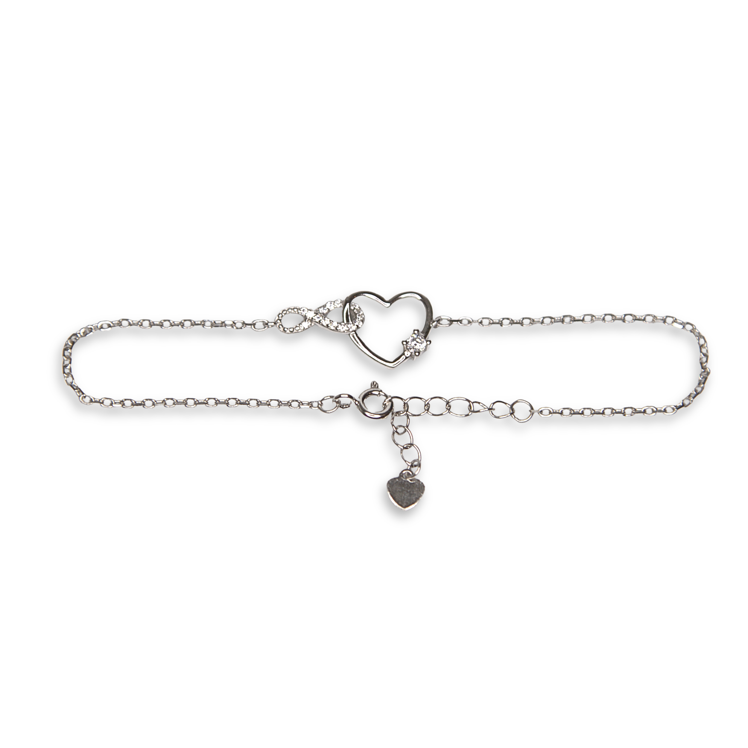 Sterling Silver Interlocking Heart and Infinity Bracelet, CZ, 20cm.
