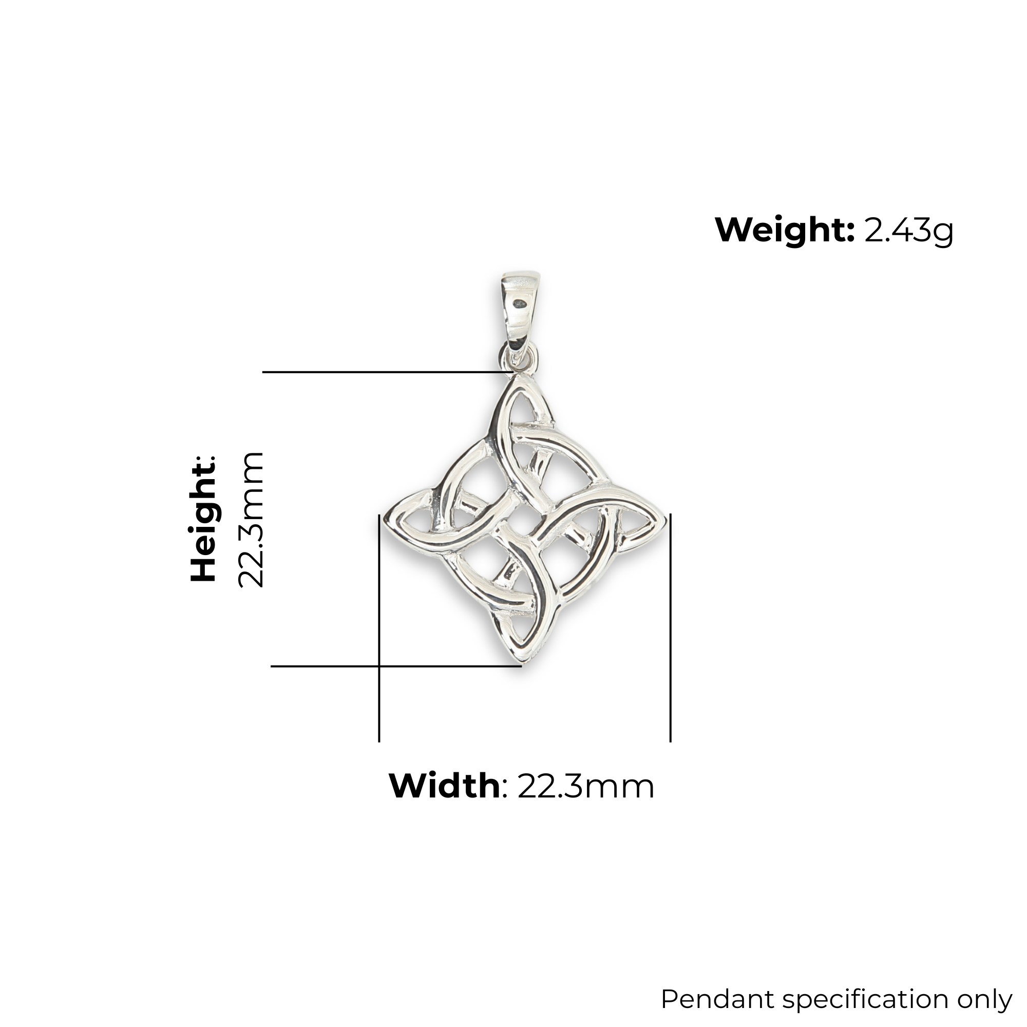 Sterling Silver Celtic Knotwork Pendant, circular interlaced disc, four-point radiating projections, product dimensions shown, width and height 22.3mm, weight 2.43g, pendant specification only.