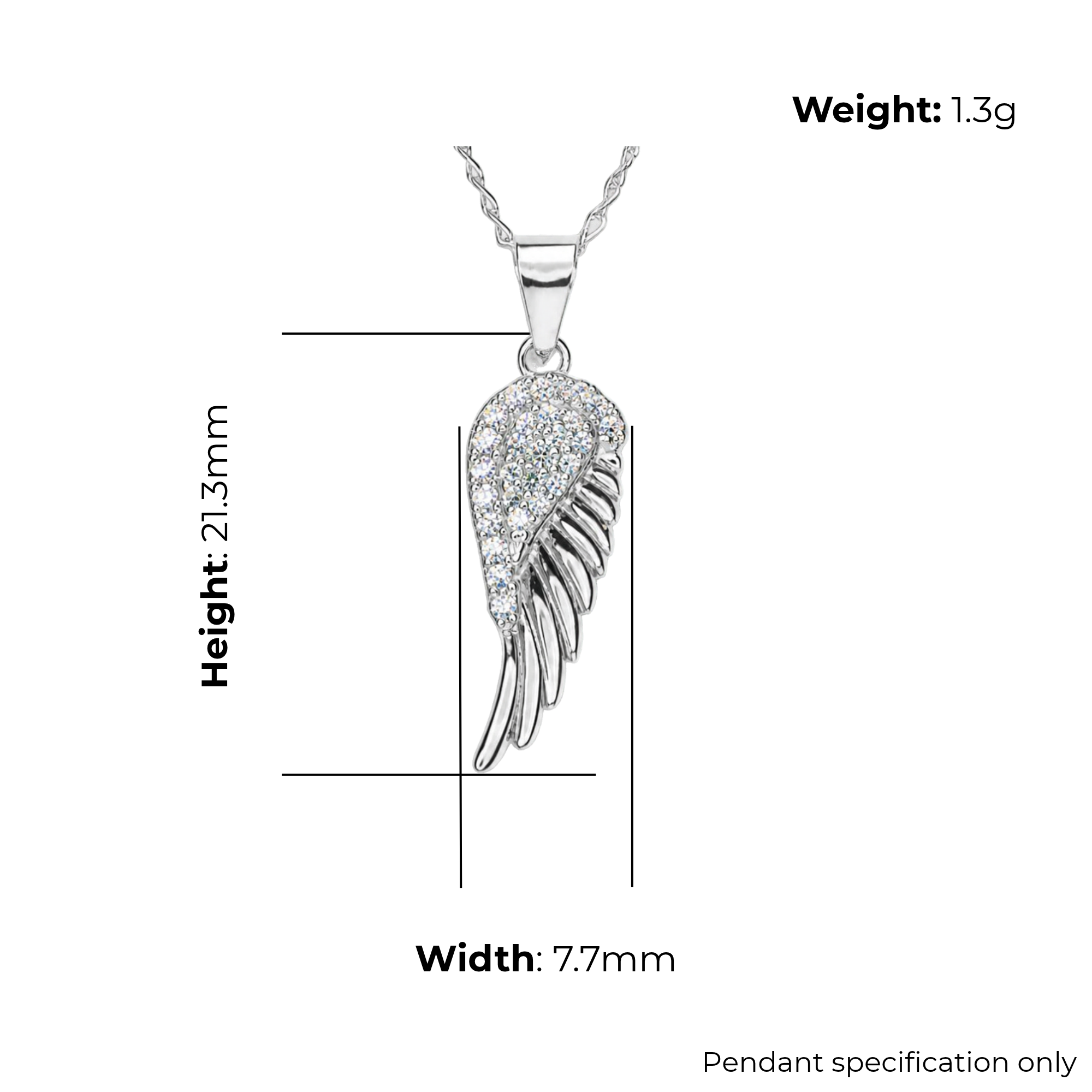 Sterling Silver Angel Wing Pendant, Pave-Set CZ Detail, product dimensions shown, width 7.7mm, height 21.3mm, weight 1.3g, pendant specification only.