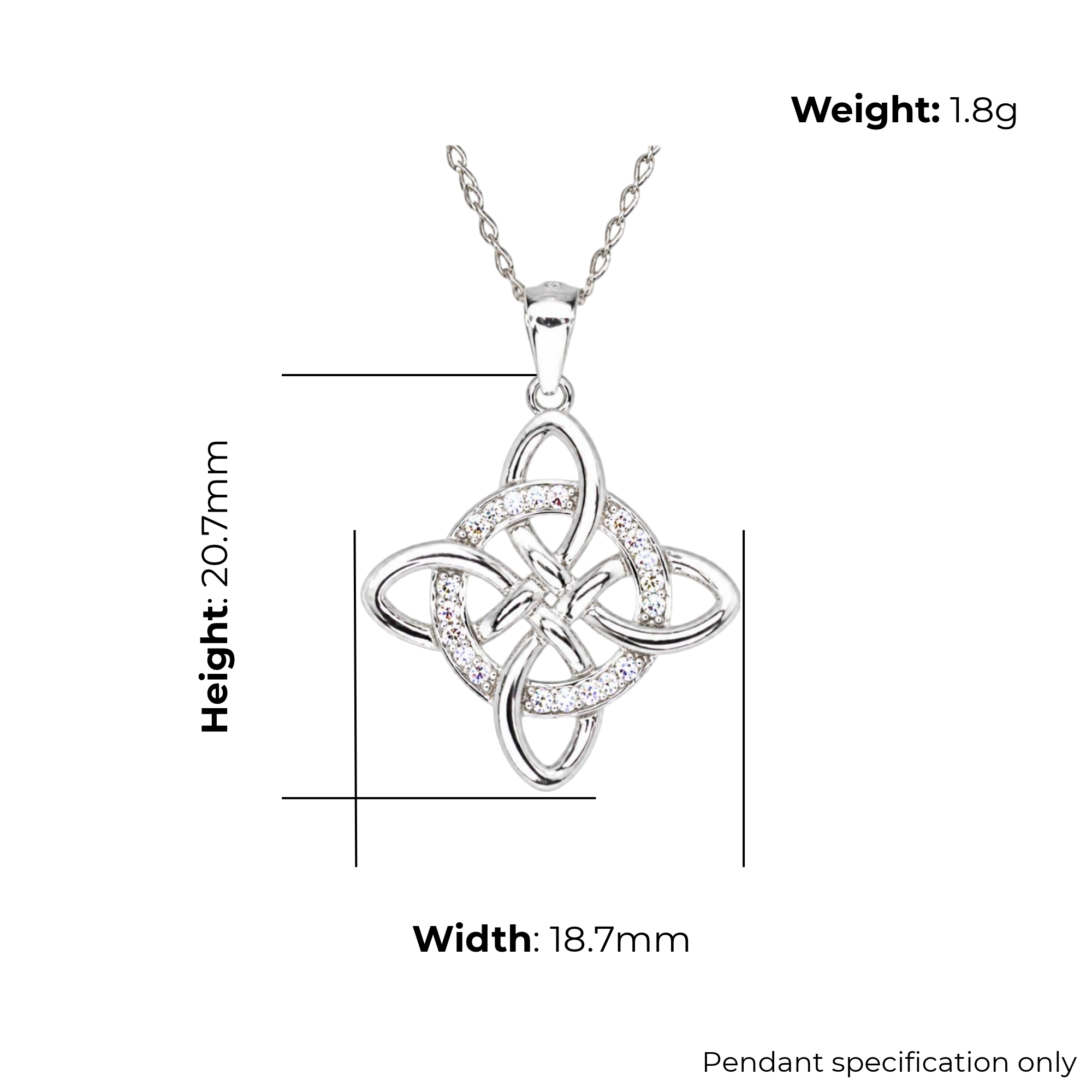 Sterling Silver Celtic Knot Pendant, Four-Point Radial Design, Pave-Set CZ, product dimensions shown, width 18.7mm, height 20.7mm, weight 1.8g, pendant specification only.