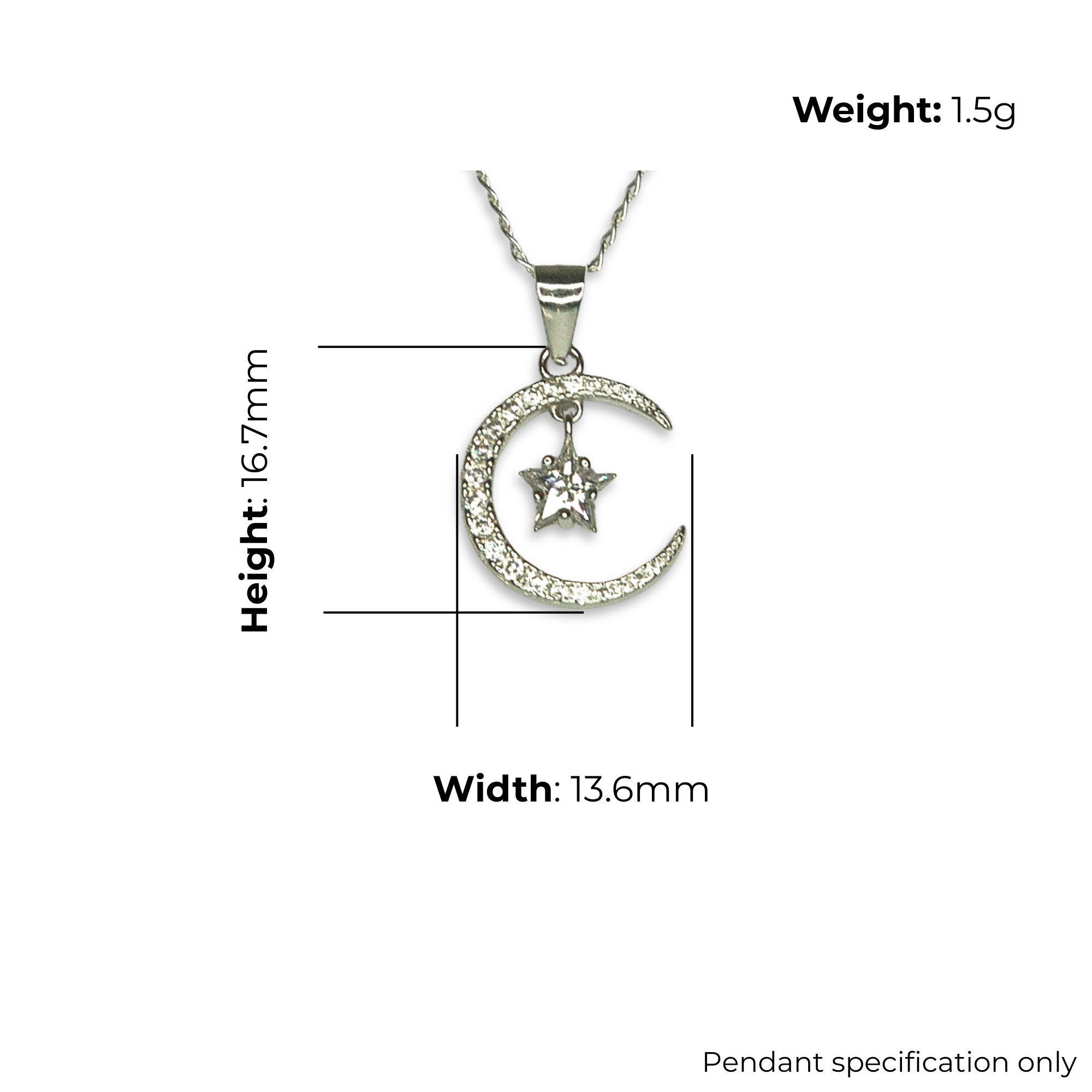 Sterling Silver Crescent Moon and Star Pendant, Pave-Set CZ, product dimensions shown, width 13.6mm, height 16.7mm, weight 1.5g, pendant specification only.