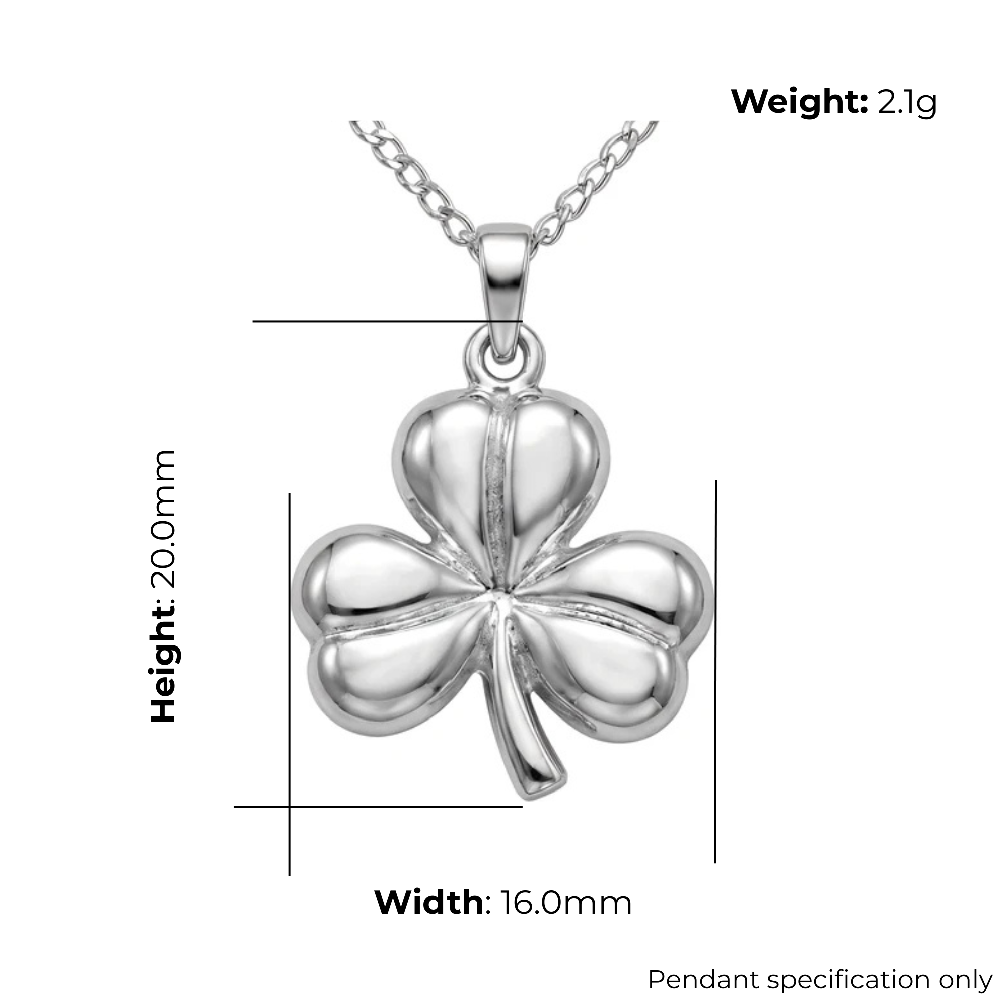 Sterling Silver Irish Shamrock Pendant, sculpted three-lobe form, high mirror polish, product dimensions shown, width 16mm, height 20mm, weight 2.1g, pendant specification only