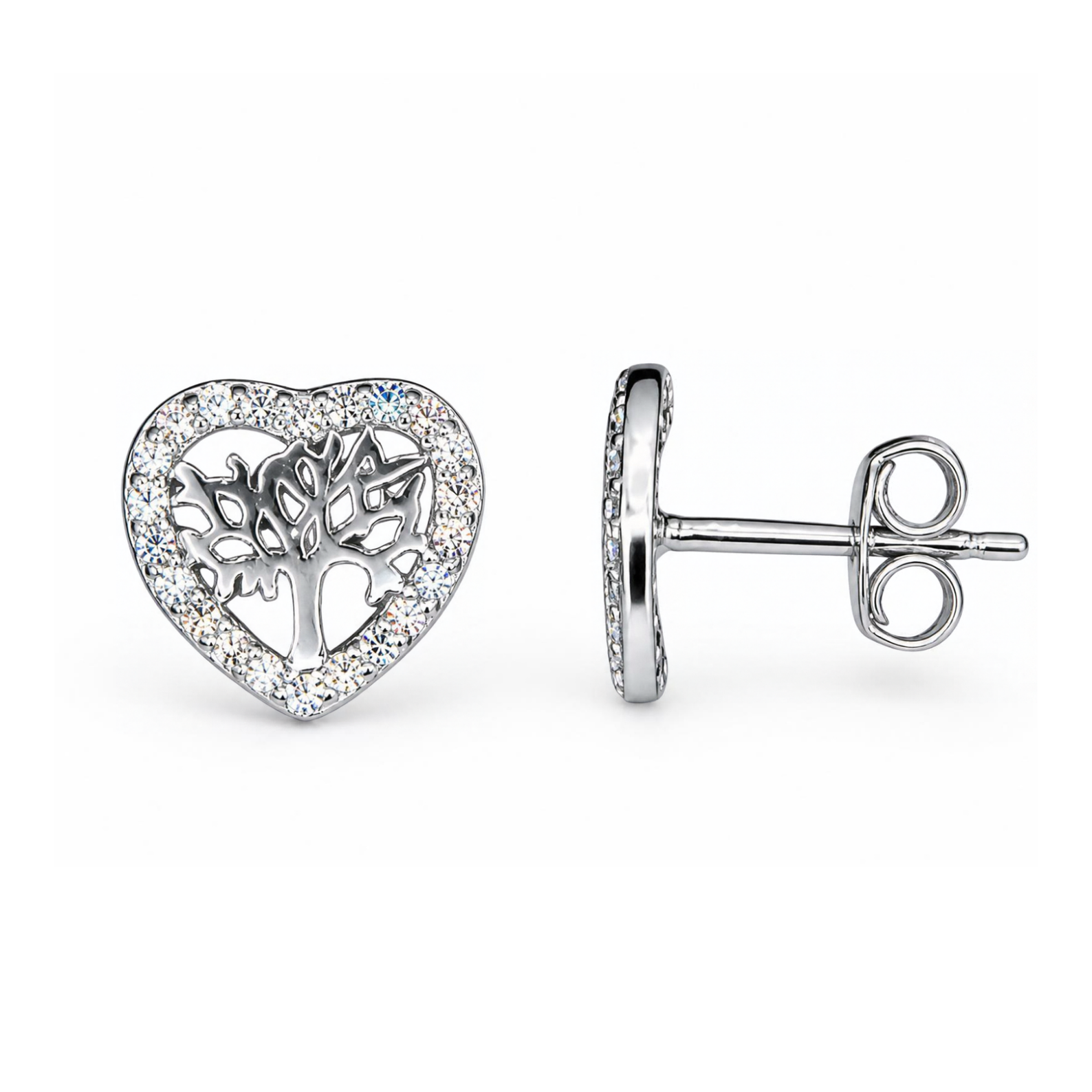 Sterling Silver Tree of Life Heart Stud Earrings, Pave-Set CZ Border
