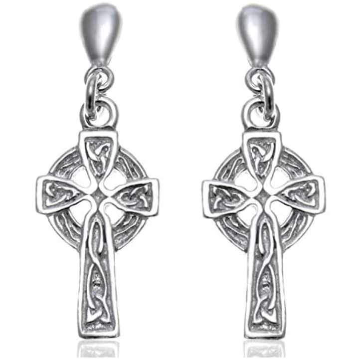 Sterling Silver Celtic Cross Drop Earrings, ringed crosshead, embossed knotwork shaft, oxidised finish, push back fitting.