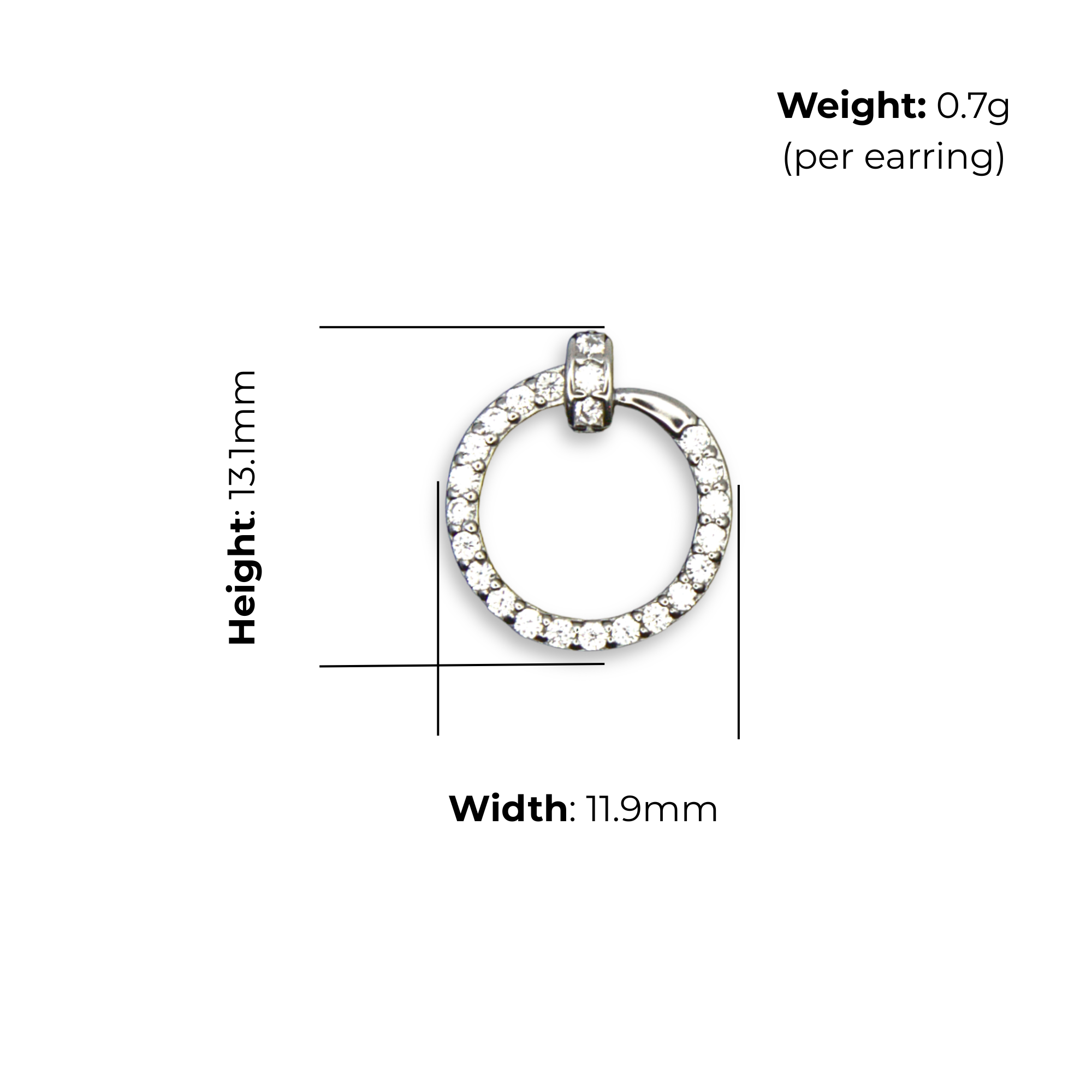 Sterling Silver Open Circle Stud Earrings, Pave-Set CZ, product dimensions shown, width 11.9mm, height 13.1mm, weight 0.7g per earring.