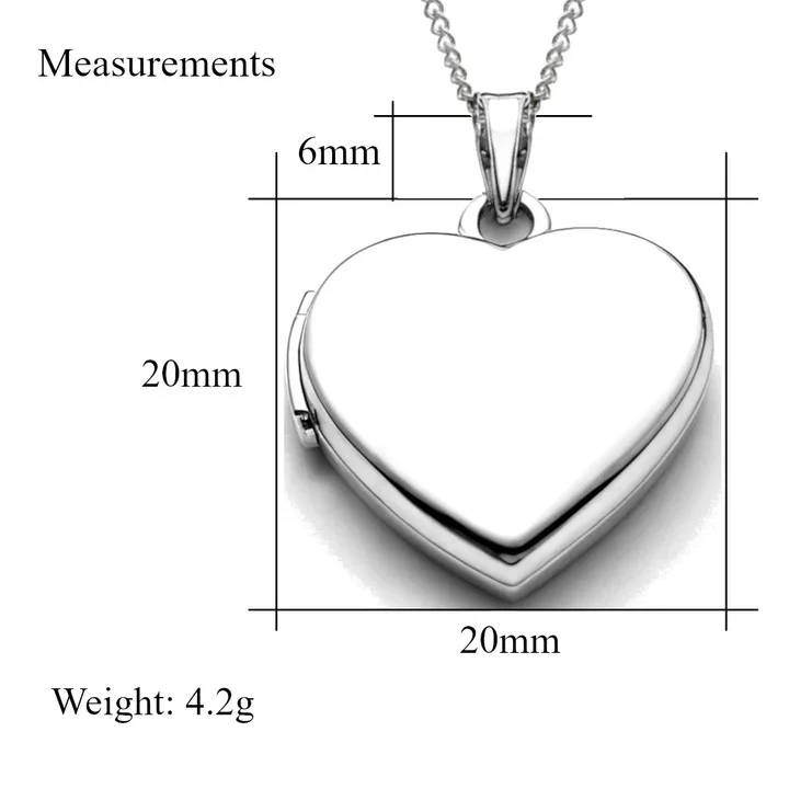 Sterling Silver heart locket, mid-size. Plain high mirror polish, product dimensions shown, 20mm width by 20mm height, 6mm jump ring, weight 4.2g