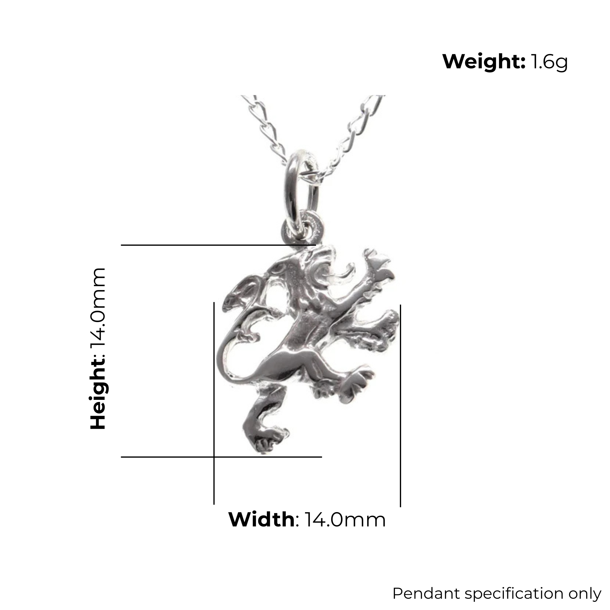 Sterling Silver Scottish Lion Rampant Pendant, sculpted heraldic form, engraved detail, product dimensions shown, width 14mm, height 14mm, weight 1.6g, pendant specification only