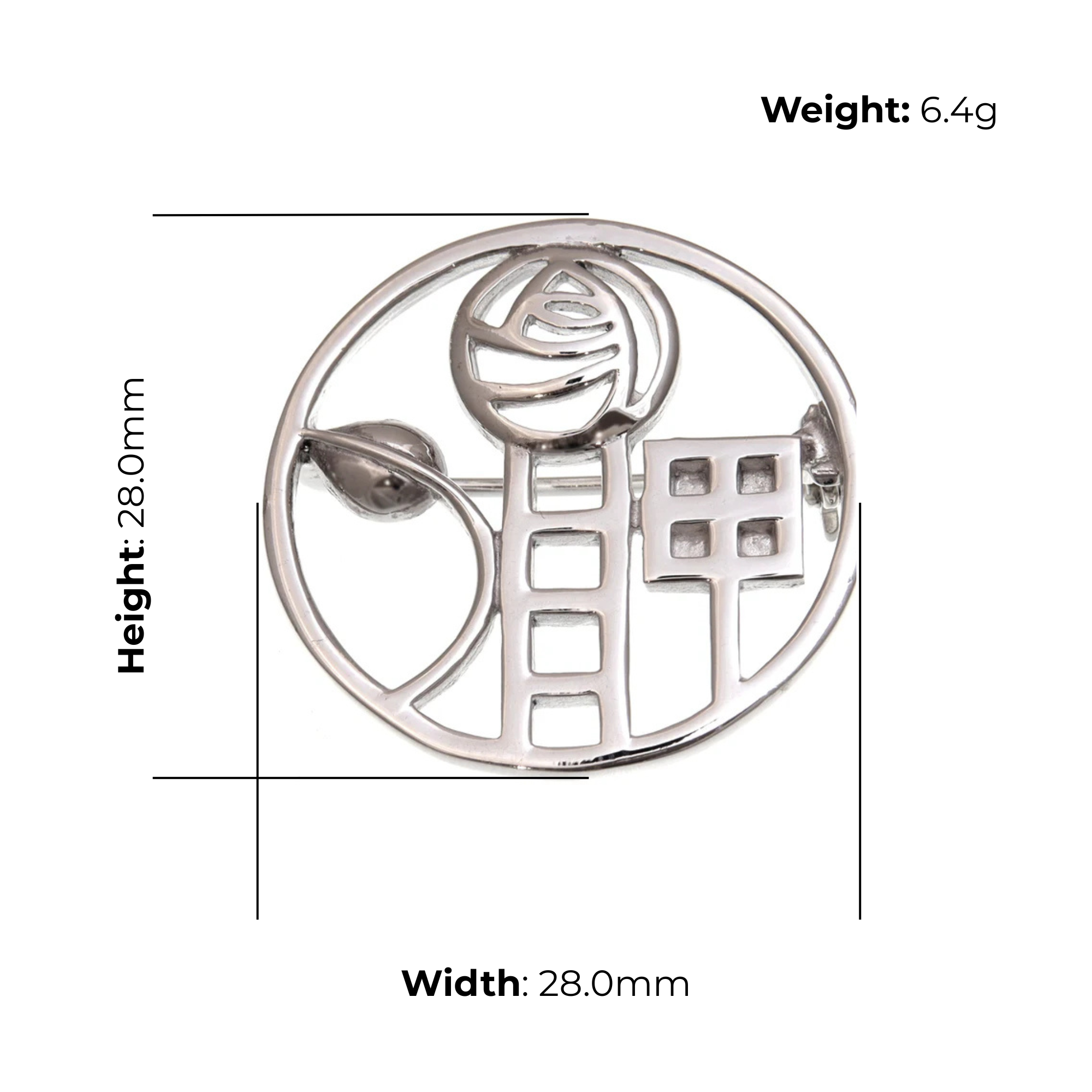 Sterling Silver Charles Rennie Mackintosh Circle Brooch, sculpted rose design, product dimensions shown, width 28mm, height 28mm, weight 6.4g