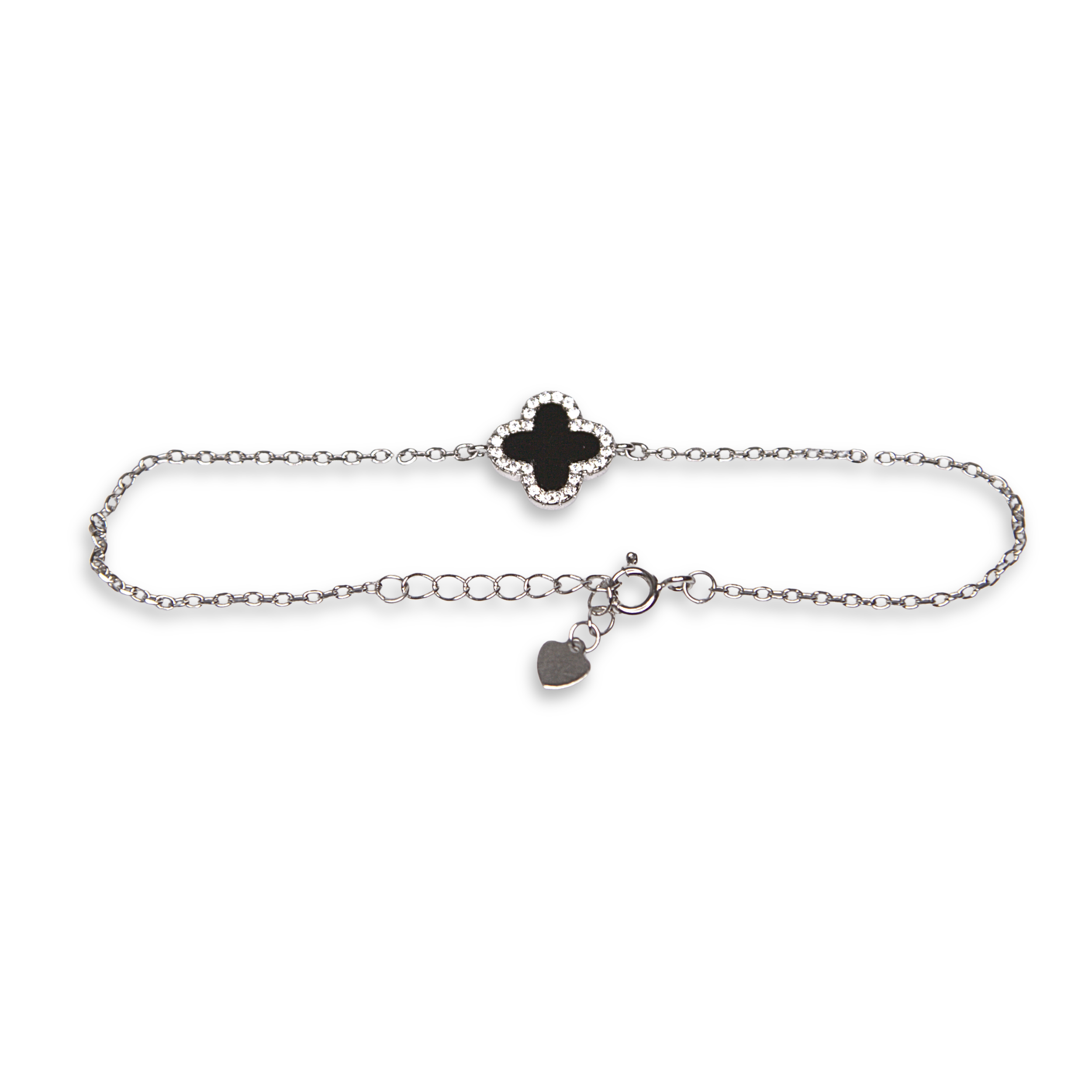 Sterling Silver Black Clover Bracelet, CZ, 19.5cm.