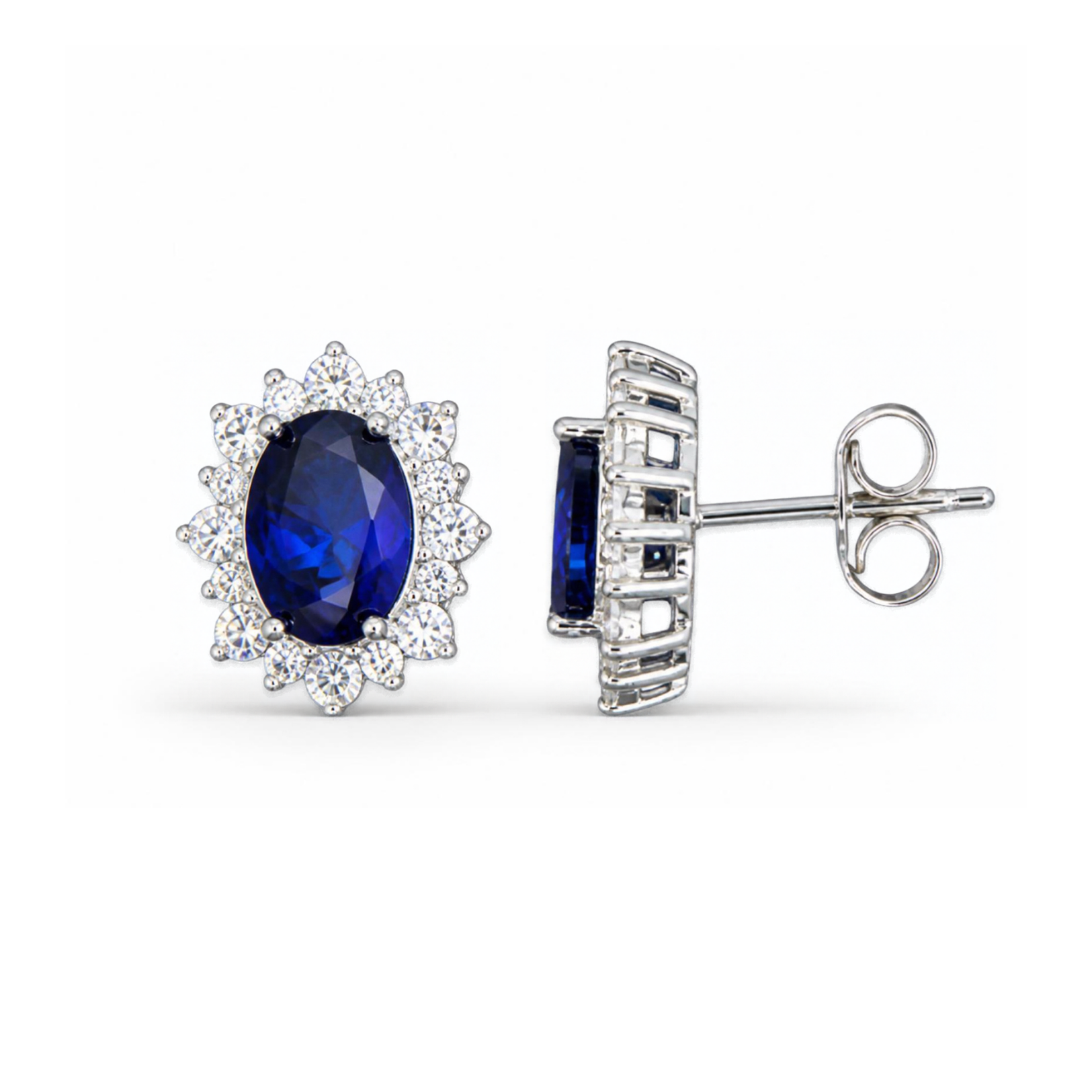 Sterling Silver Oval Halo Stud Earrings, Blue Stone