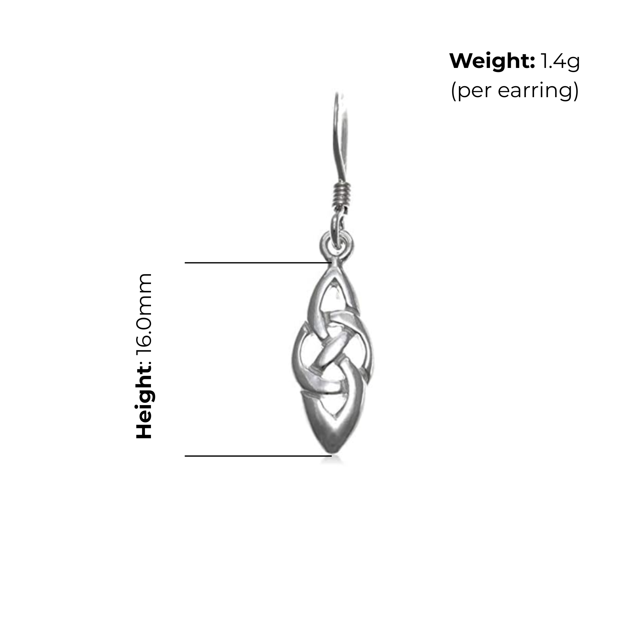 Sterling Silver Celtic Knotwork Navette Drop Earrings, Trinity knot interlace, high mirror polish, fish hook fitting, product dimensions shown, height 16mm, weight 1.4g per earring