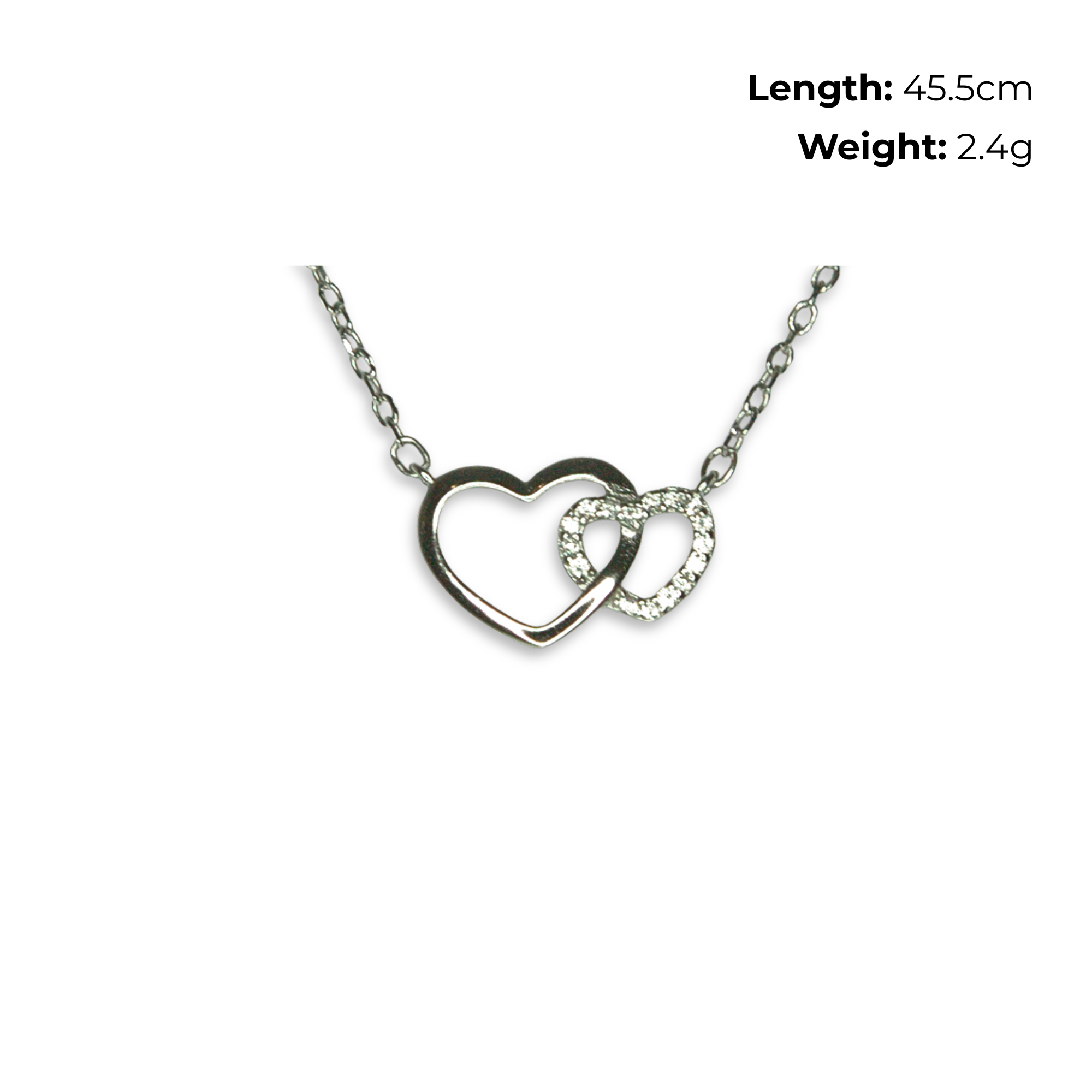 Sterling Silver Interlocking Hearts Necklet, CZ Detail, product dimensions shown, length 45.5cm, weight 2.4g.