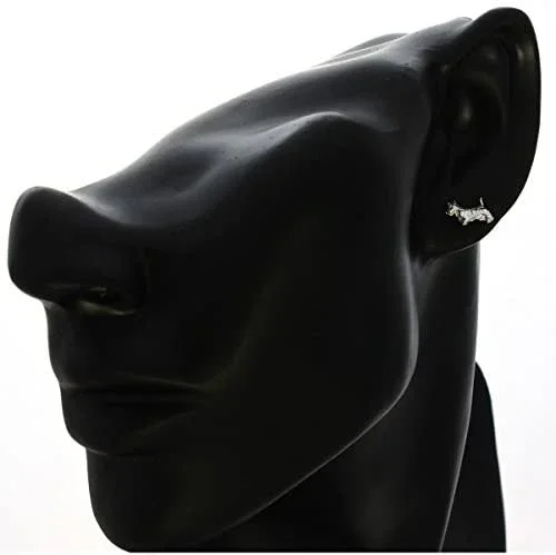 Sterling Silver Scottish Terrier Stud Earrings, sculpted Scottie dog form, engraved coat detail, 8mm x 7mm, push back fitting, shown on modelling bust at ear giving scale