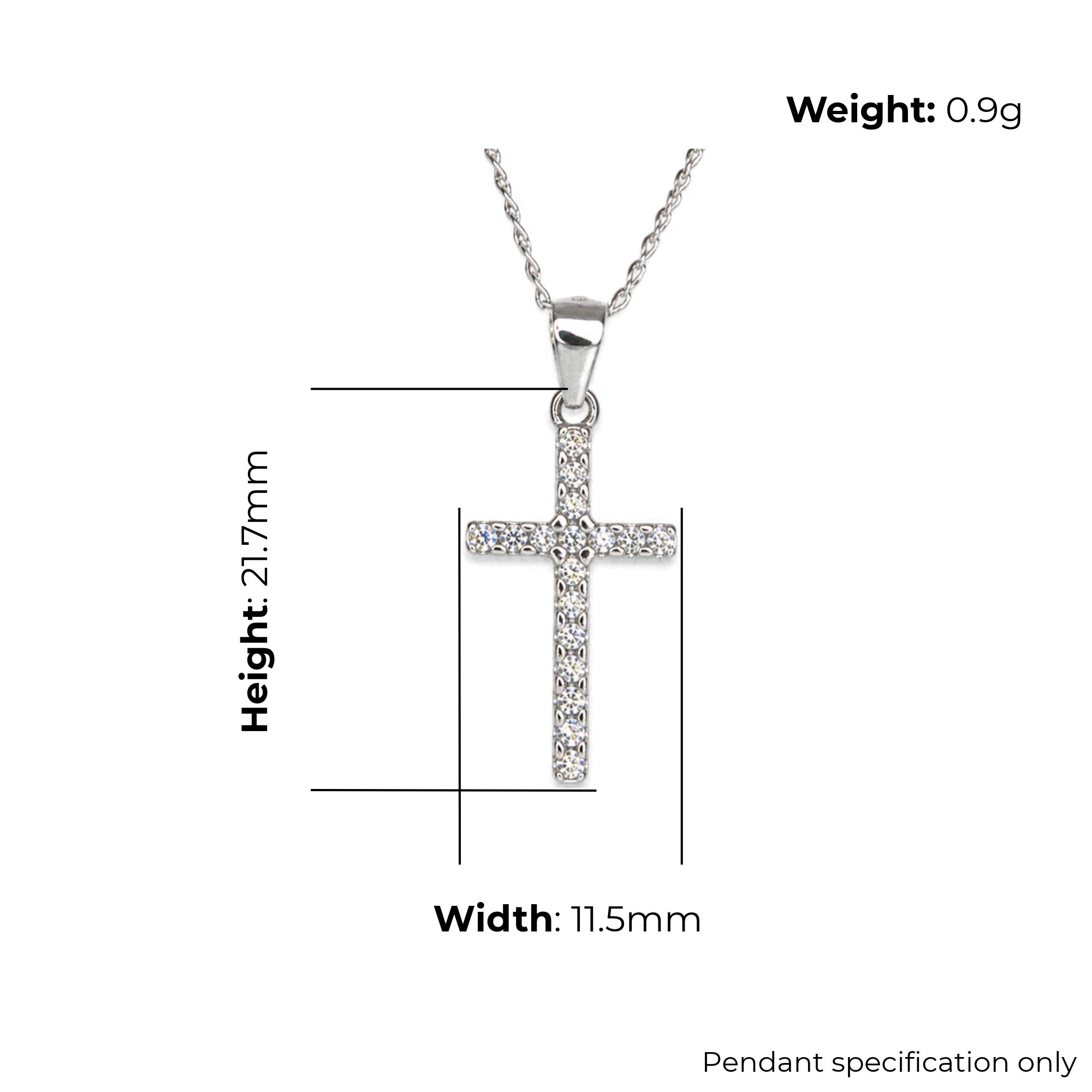 Sterling Silver Cross Pendant with CZ, product dimensions shown, width 11.5mm, height 21.7mm, weight 0.9g, pendant specification only