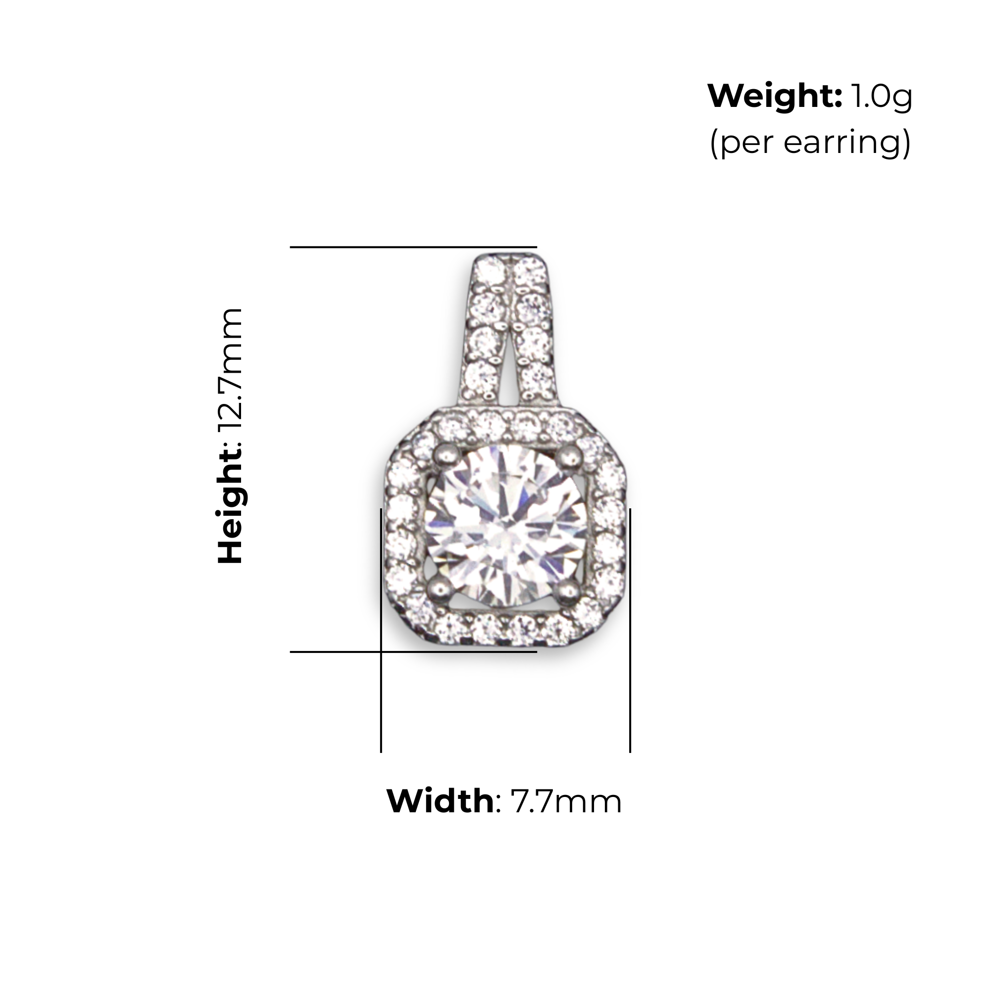 Sterling Silver Round CZ with Halo Stud Earrings, product dimensions shown, width 7.7mm, height 12.7mm, weight 1g per earring