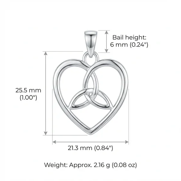 Sterling Silver Celtic Heart Trinity Knot Pendant, open heart frame, triquetra detail, product dimensions shown, height 25.5mm by width 21.3mm, weight 2.16g