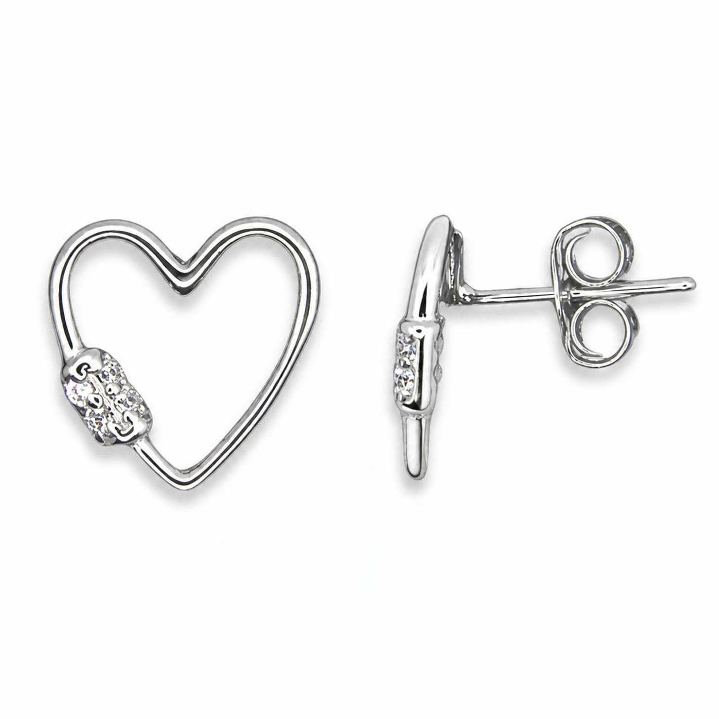 Sterling Silver Open Heart Wire Stud Earrings, Decorative CZ Detail,