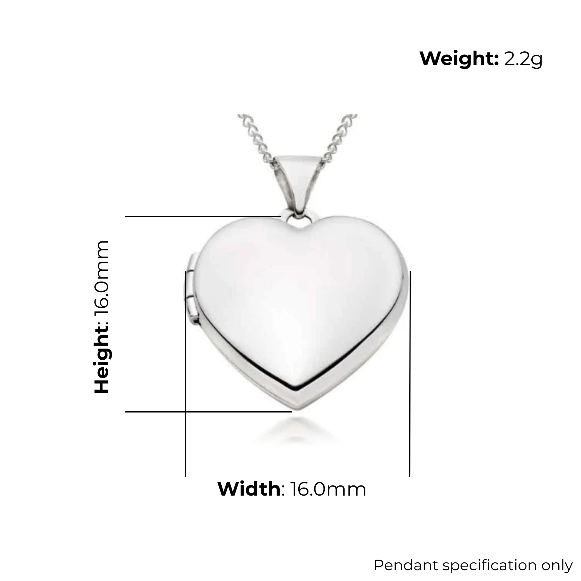 Sterling Silver Heart Locket, plain polished, product dimensions shown, width 16mm, height 16mm, weight 2.2g, pendant specification only